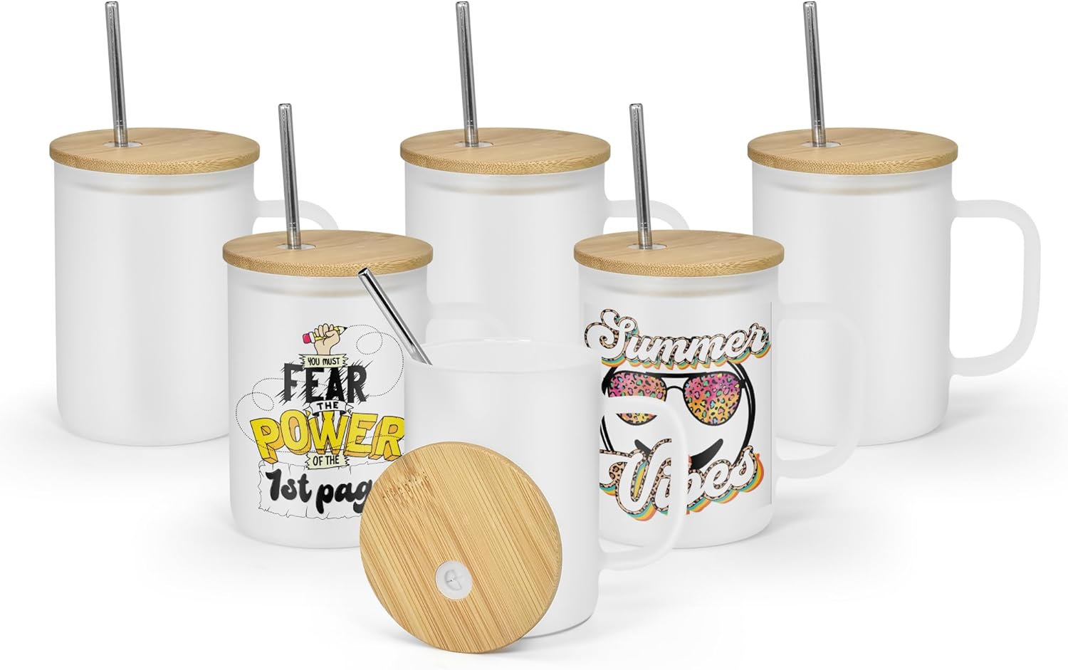 AGH 6 Pack Glass Cups With Handles, 16oz Frosted Sublimation Blanks With Bamboo Lid and Stainless Steel Straw, Mug Tumbler