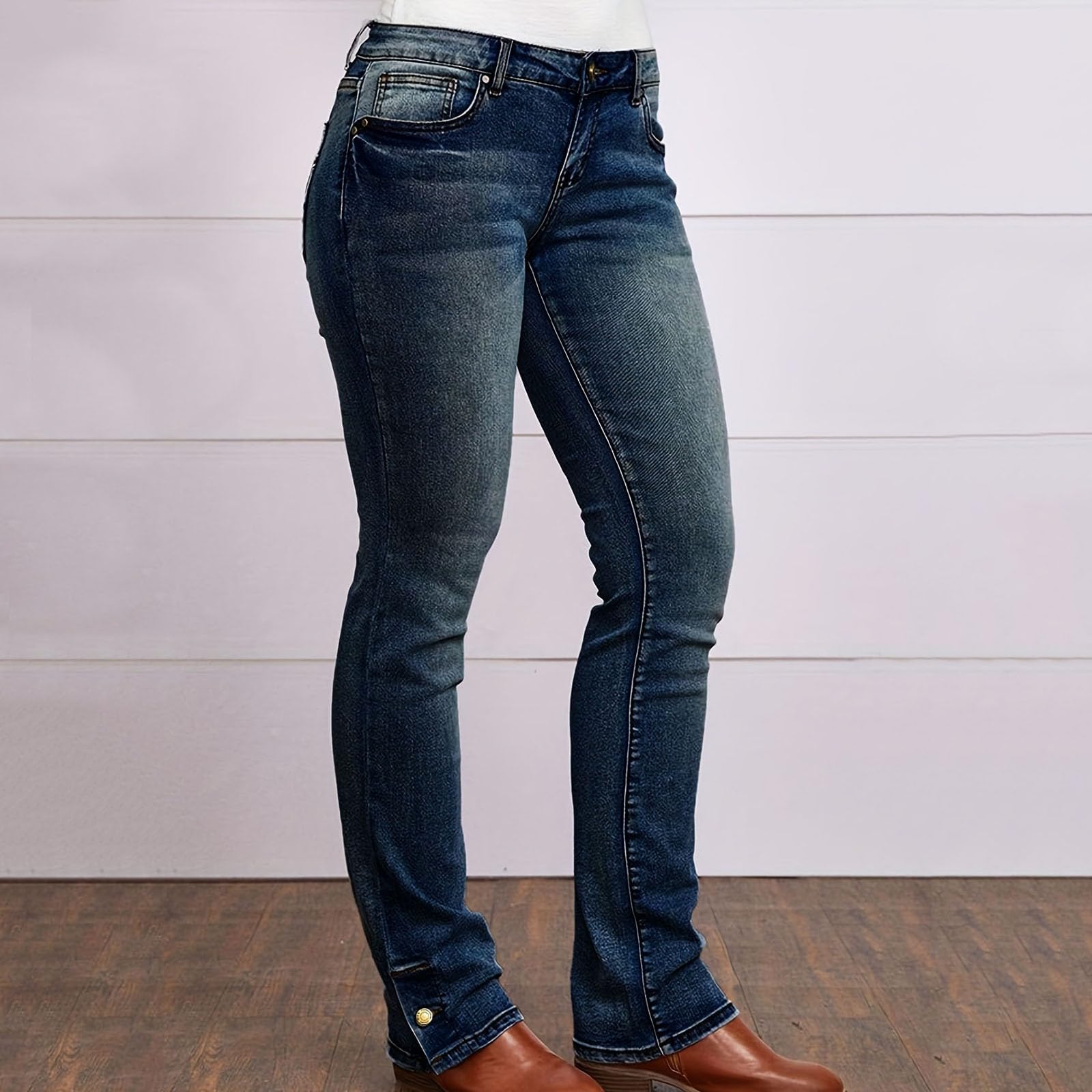 Jeans für Damen, hohe Taille, dehnbar, gerades Bein, Lange Jeans