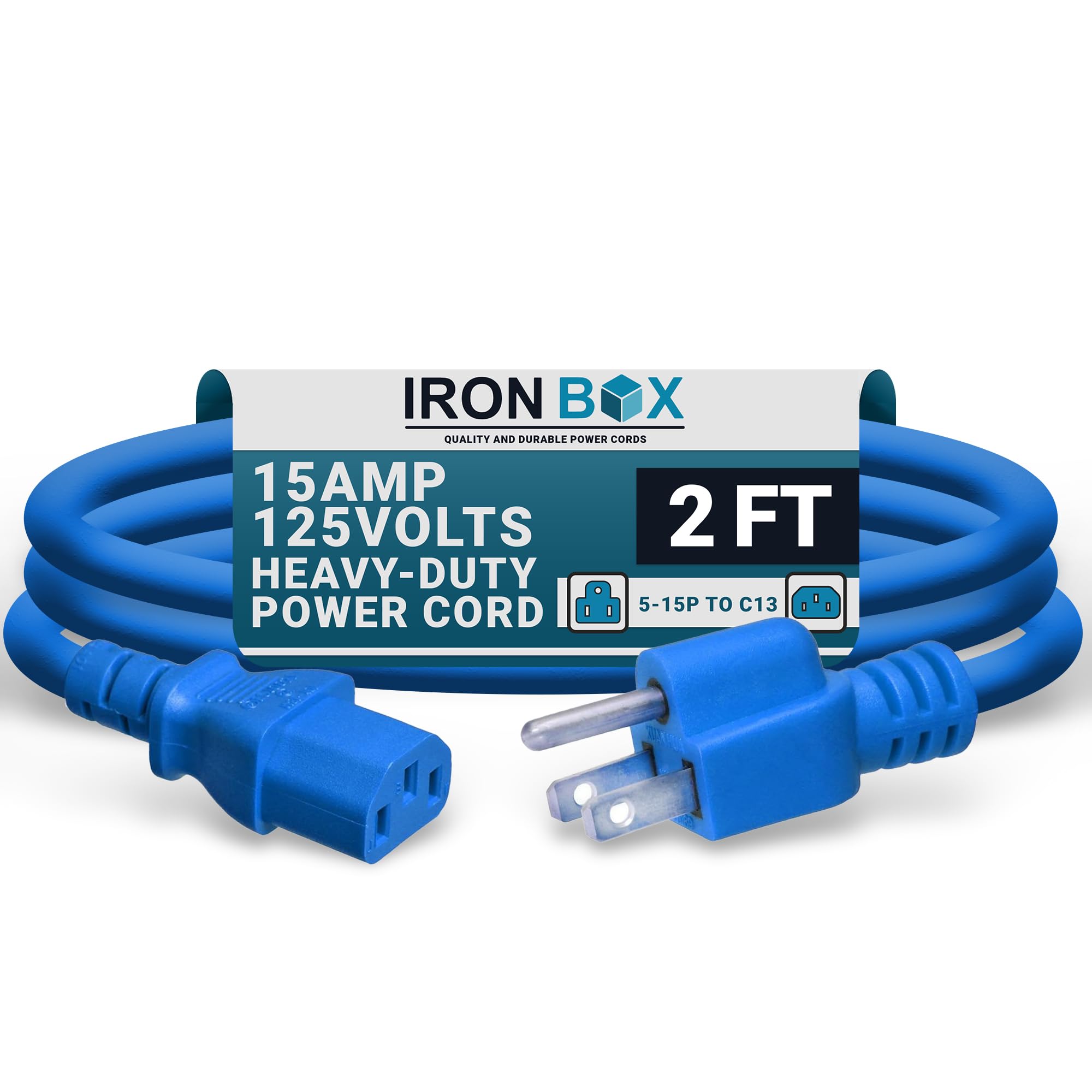 IronBox Electric - Heavy-Duty 5-15P to C13 Power Cord - 3 Prong 15A 125V 14/3 SJT PC Cable - Cord for Computer, Monitor, Subwoofer, Amplifier - Cable for Power Supply - (Blue 2 Foot)