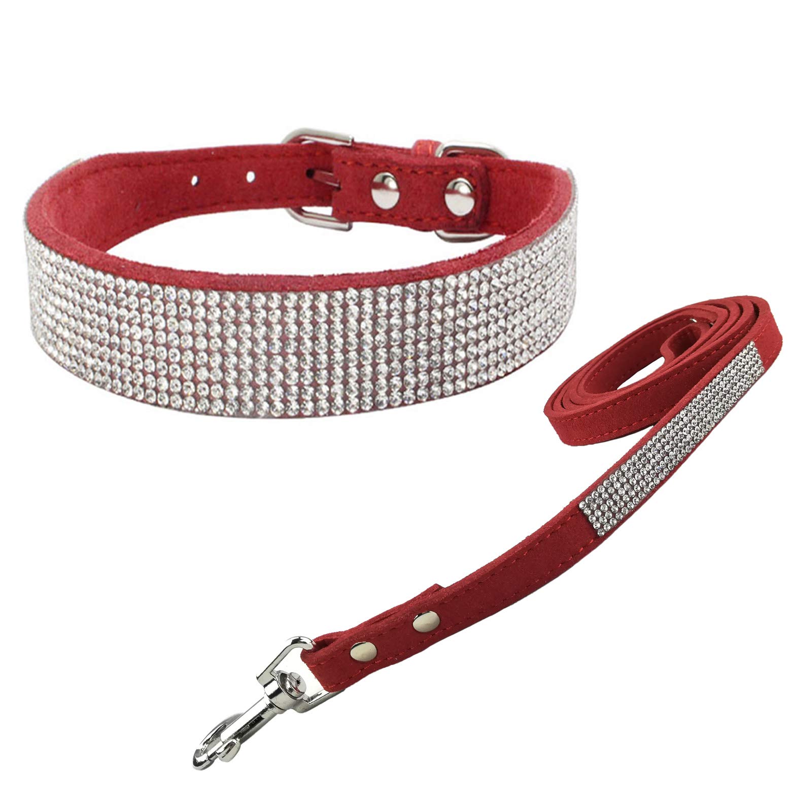 Newtensina Fashion Dog Collar with Diamante and Leash Bling Puppies Collar with Lead for Small Dogs Large Dogs - Red - S