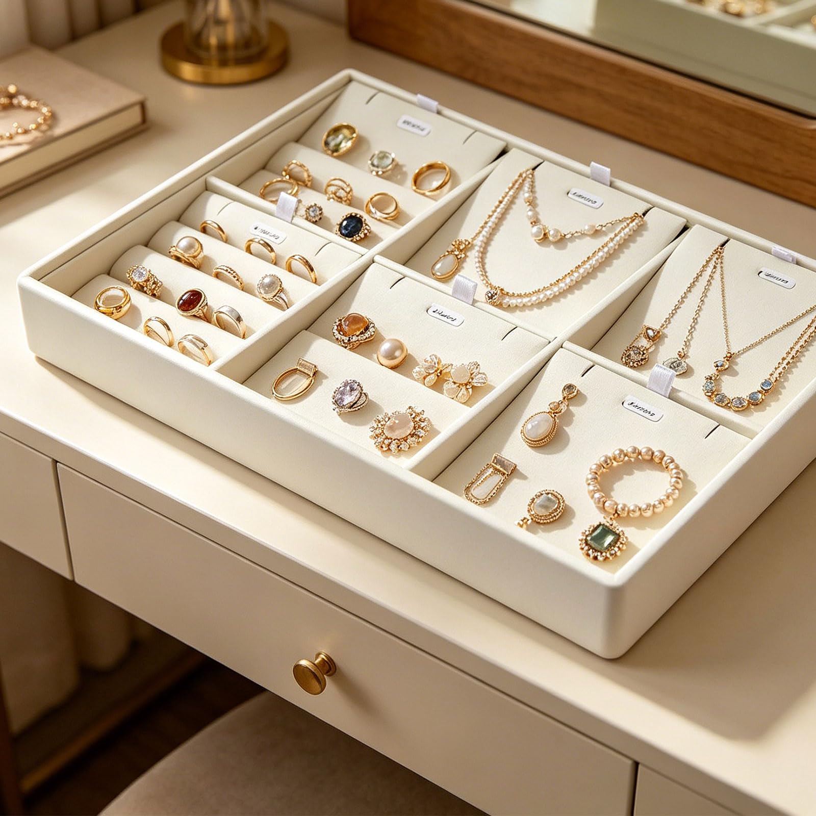 Custodia compatta per gioielli in pelle con copertura, A | Grandi sezioni per vari accessori e gioielli delicati dal look minimalista per uso domestico espositori