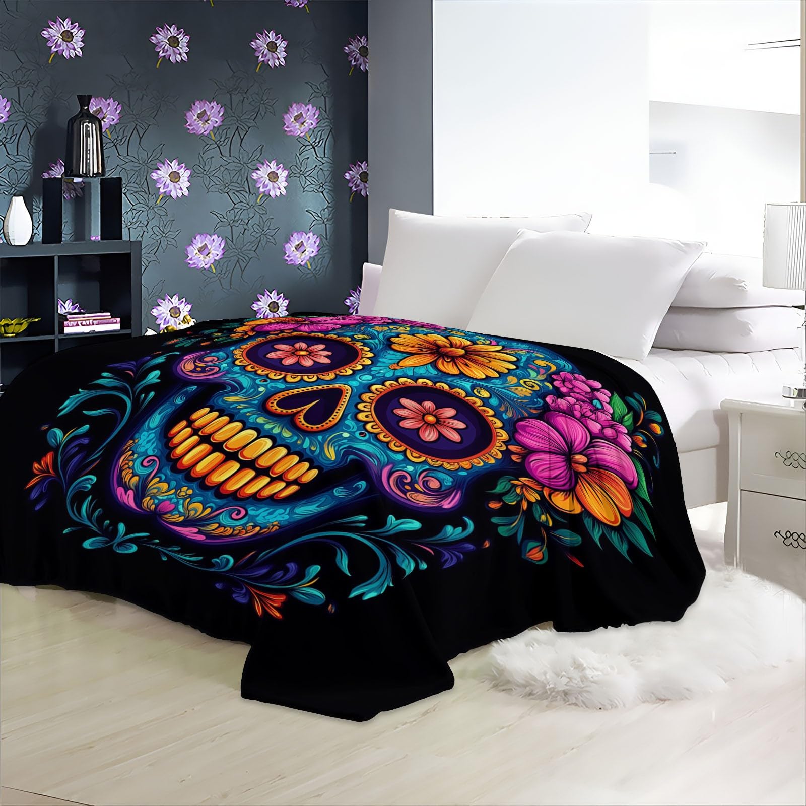 Manta Franela para Cama Manta para Sofá Suaves 100% Microfibra Grande Vistoso Flannel Blanket Abstracto Flores Calavera Manta Invierno Calentitas 220 x 240 cm