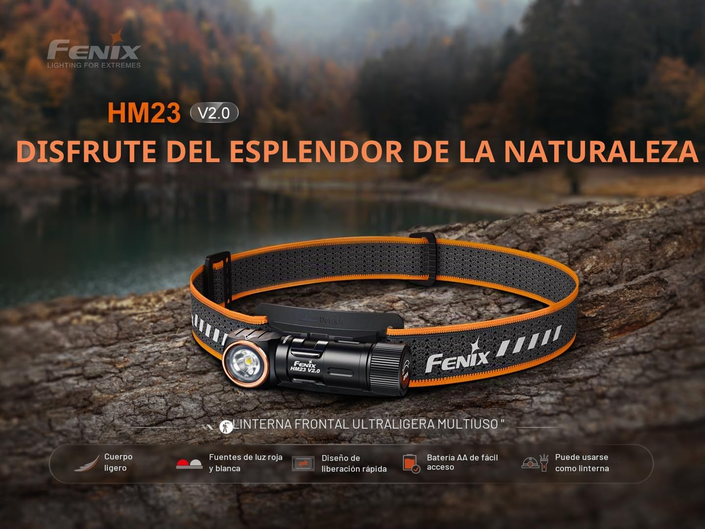 fenix HM23 V2.0, linterna frontal multiusos compacta y ligera, linterna en ángulo derecho, 300 lúmenes, 88 m, 100 horas máximo, funciona con pilas AA, tapa trasera magnética, inclinación vertical de