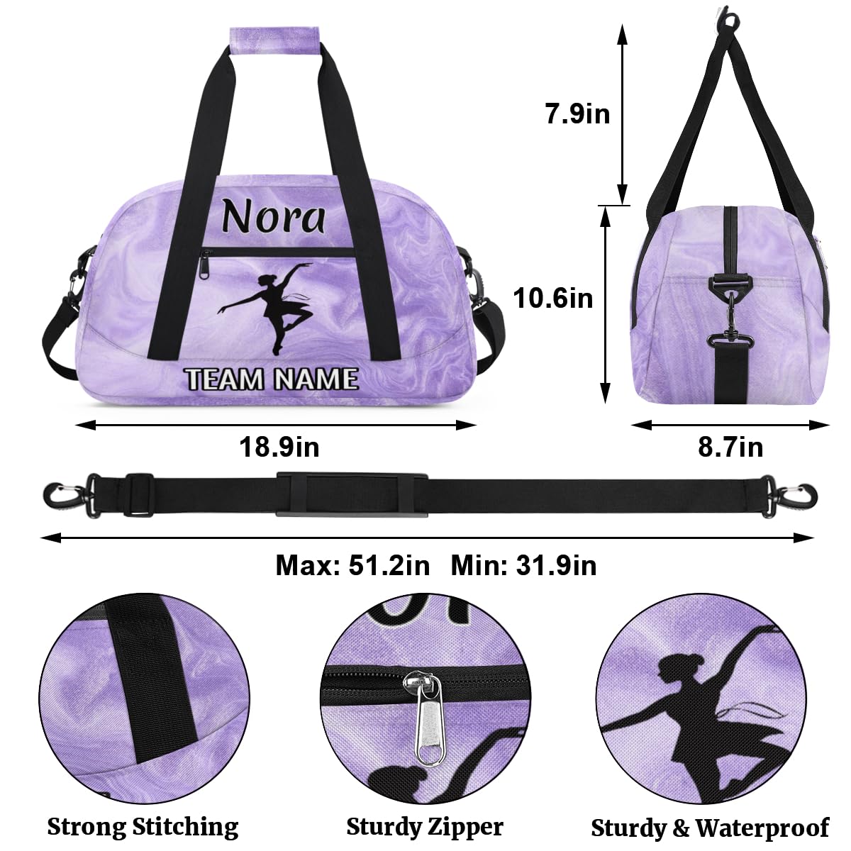 Voloreju Custom Dance Bag for Girls with Name and Team Name Personalized Ballet Dance Sports Bags for Teens Sport Duffel Bag