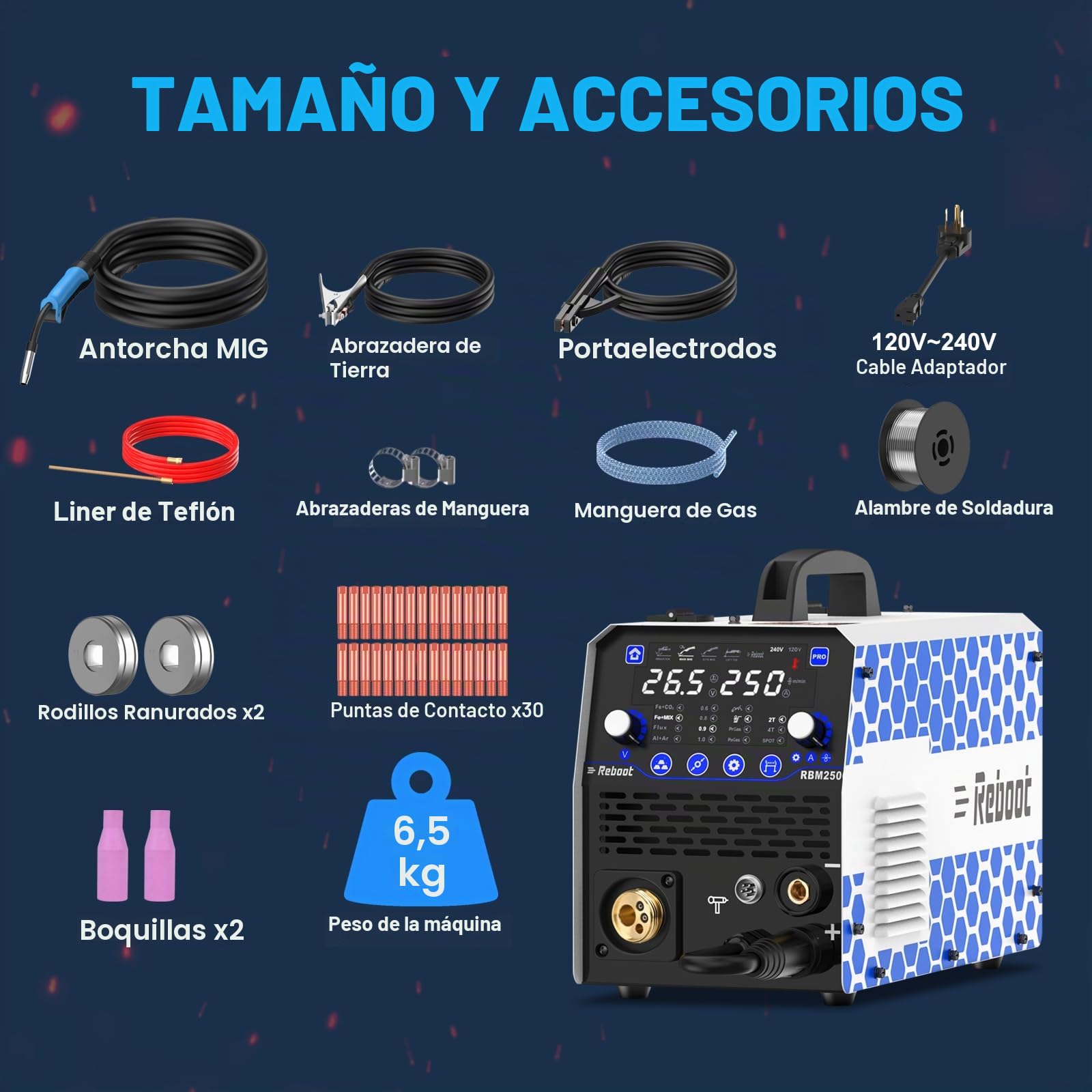 Reboot Soldador MIG de 250 amperios, 120 V/240 V RBM2500 PRO, máquina de soldadura multiproceso 8 en 1 con modos de soldadura de aluminio duales, núcleo de flujo sin gas, MAG/Lift TIG/Stick/Spot/Spool