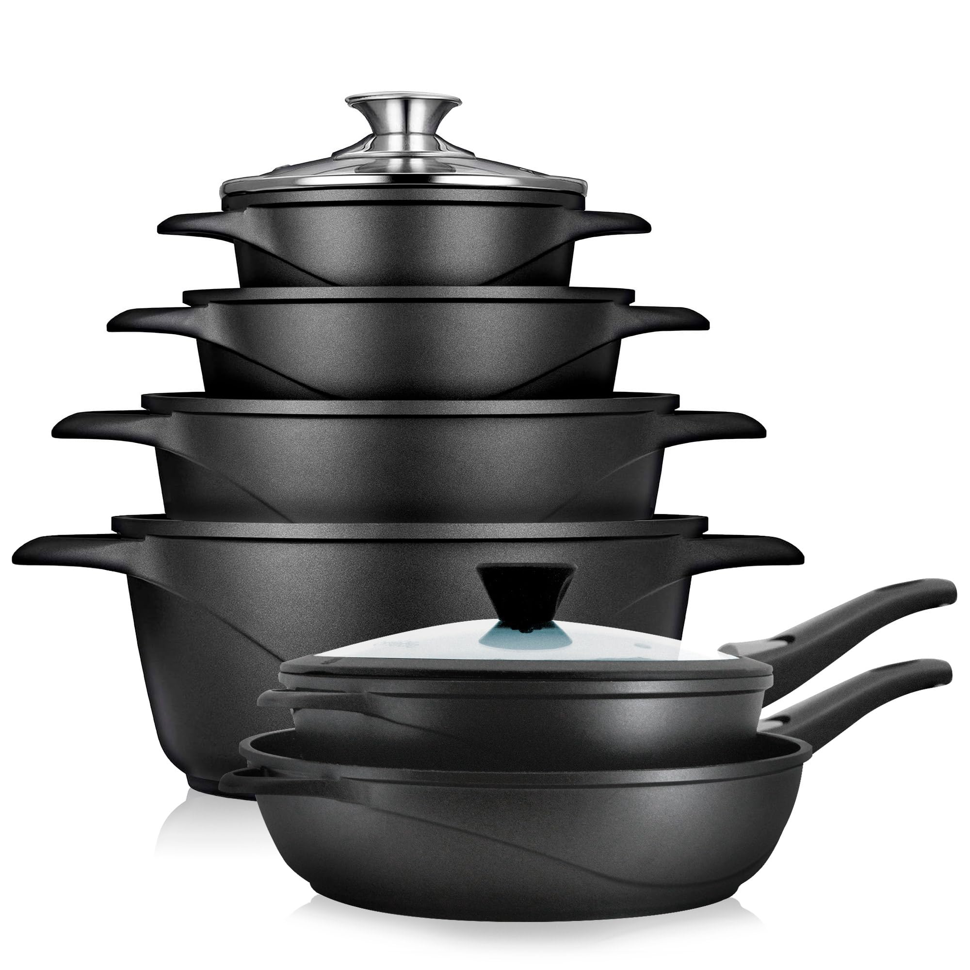 briebe Induktions-Kochgeschirr-Set 12 Teile, Set mit 4 Töpfen aus Aluminiumguss + 2 Pfannen, Antihaftbeschichtung ILAG GRANITEC ohne PFOA, Kasserolle-Set mit Glasdeckeln, Silikonhandschuhe