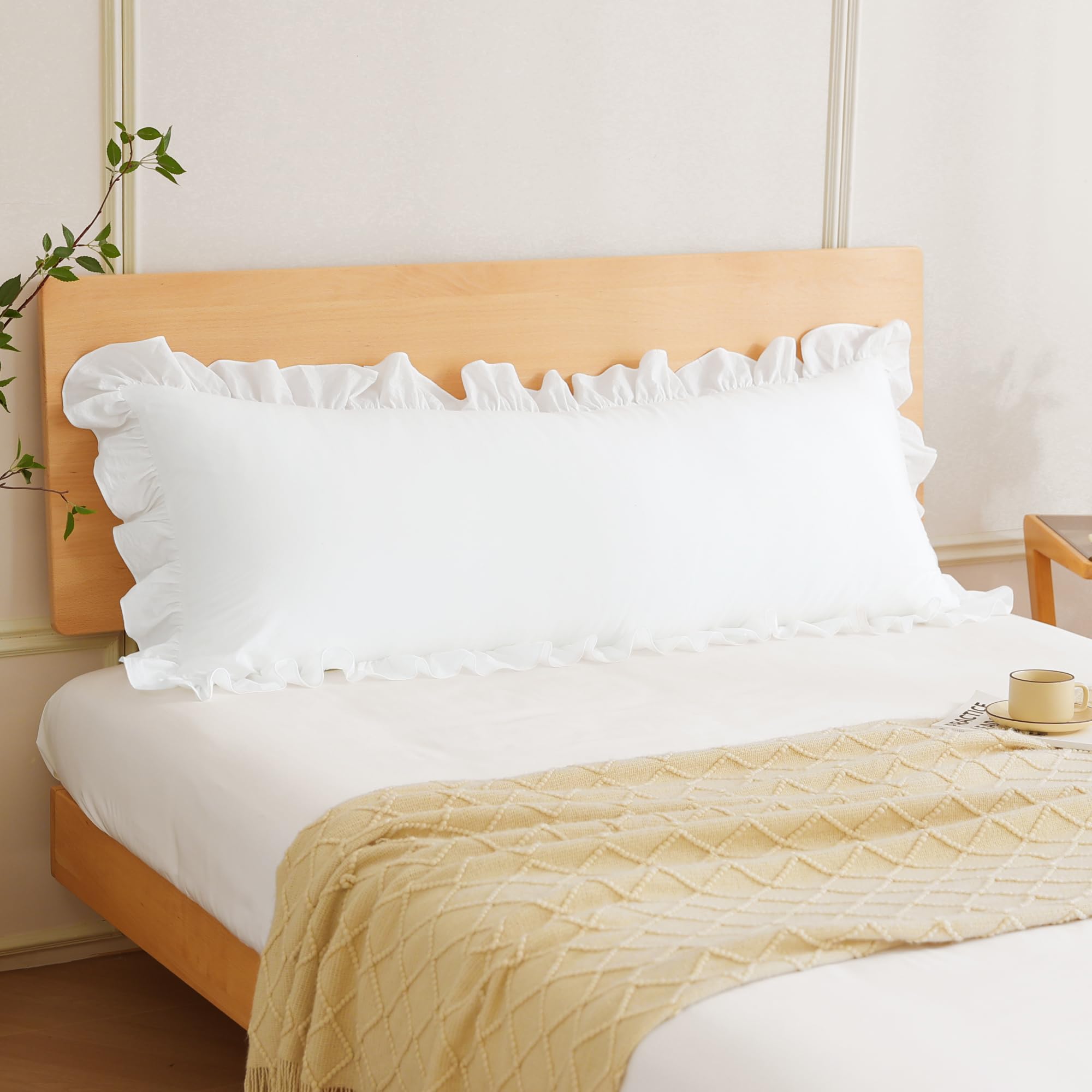 Off White Ruffled Body Pillow Cover 1 Piece Washed Cotton Farmhouse Shabby Long Body Pillow Sham 20"x54"