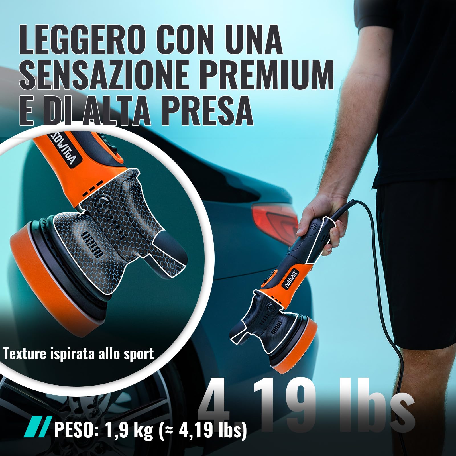 AUTIWOZ 630W Lucidatrice Auto Orbitale 9mm,125mm Kit di Lucidatura,Levigatura Eccentrica Piccole Dimensioni,6 Velocità Variabili (2000-6200 giri/min),Cura dell'auto,Rimozione dei graffi - W01