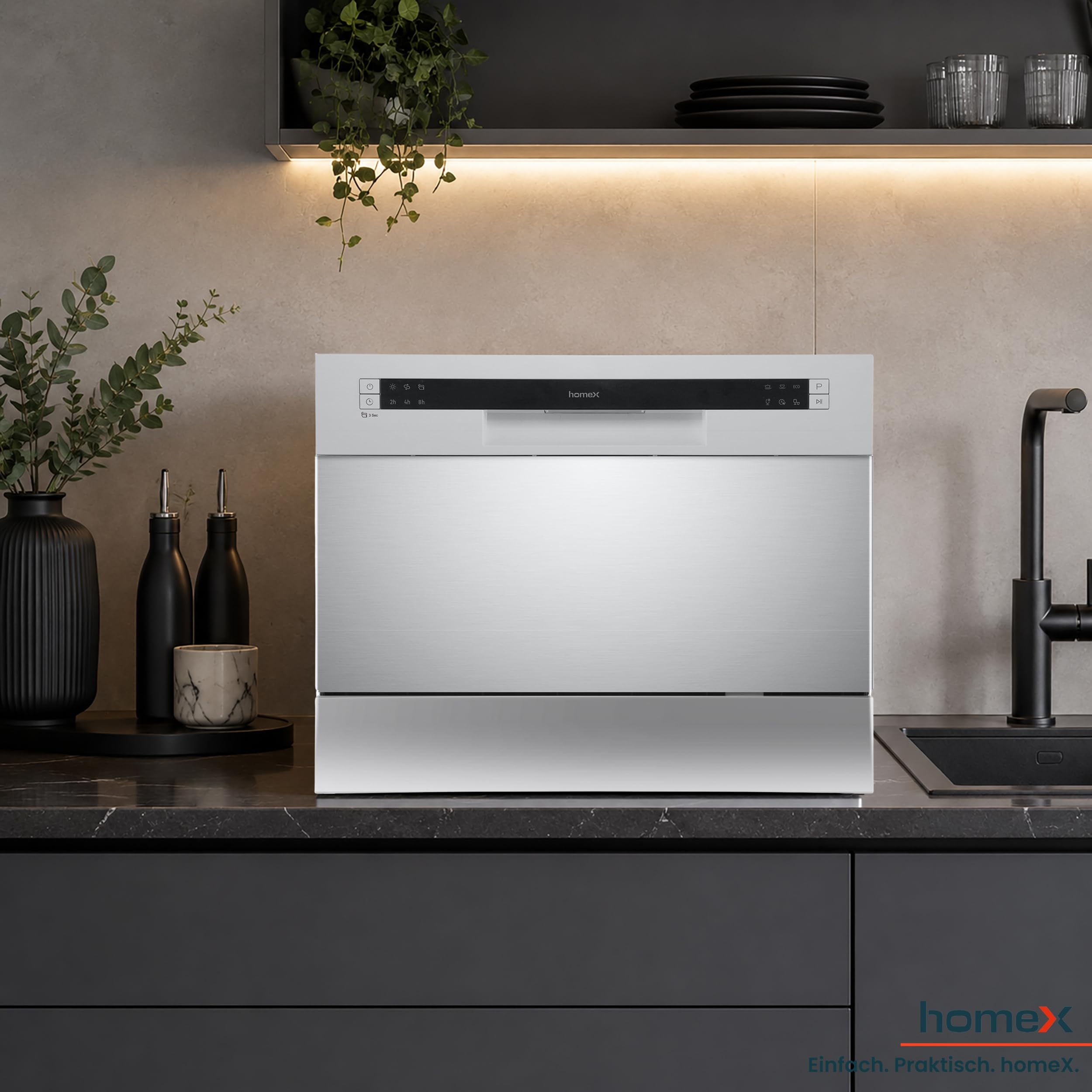 homeX GST6AD-S Tischgeschirrspüler Mini Geschirrspüler für 6 Maßgedecke | 6 Programme, Spülmaschine klein, AquaStop, automatische Türöffnung, ideal für kleine Wohnungen, Tischspülmaschine, silber
