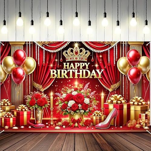 Happy Birthday Banner Decorations Backdrop Red and Gold Happy Birthday Backdrop with Crown Flowers and High Heels 71x43 Inch Elegant Party Banner Photography Background for Women Girls