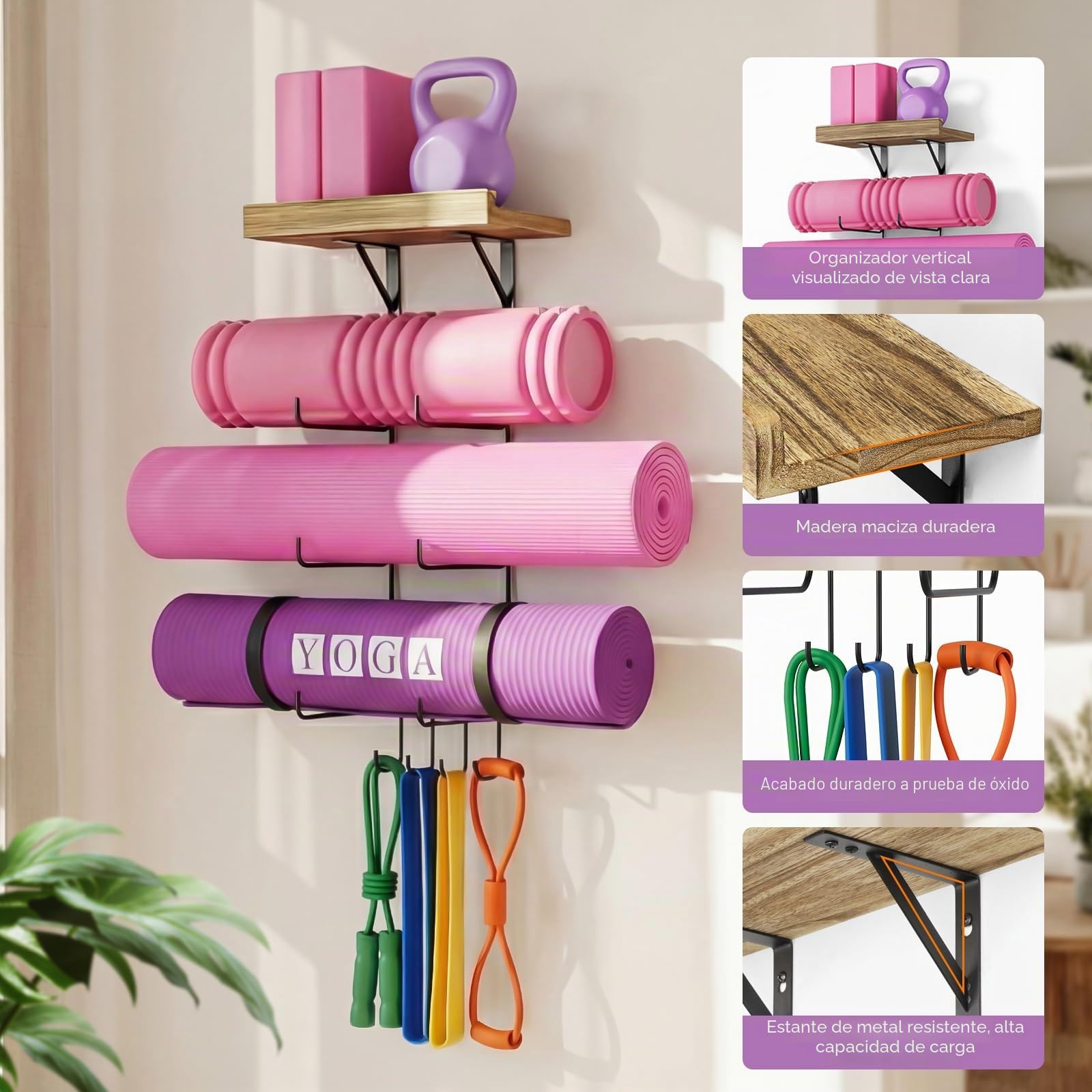 Soporte para esterilla de yoga, soporte de pared, accesorios de gimnasio en casa con estantes flotantes de madera y 4 ganchos para colgar rodillo de espuma y bandas de resistencia en clase de fitness