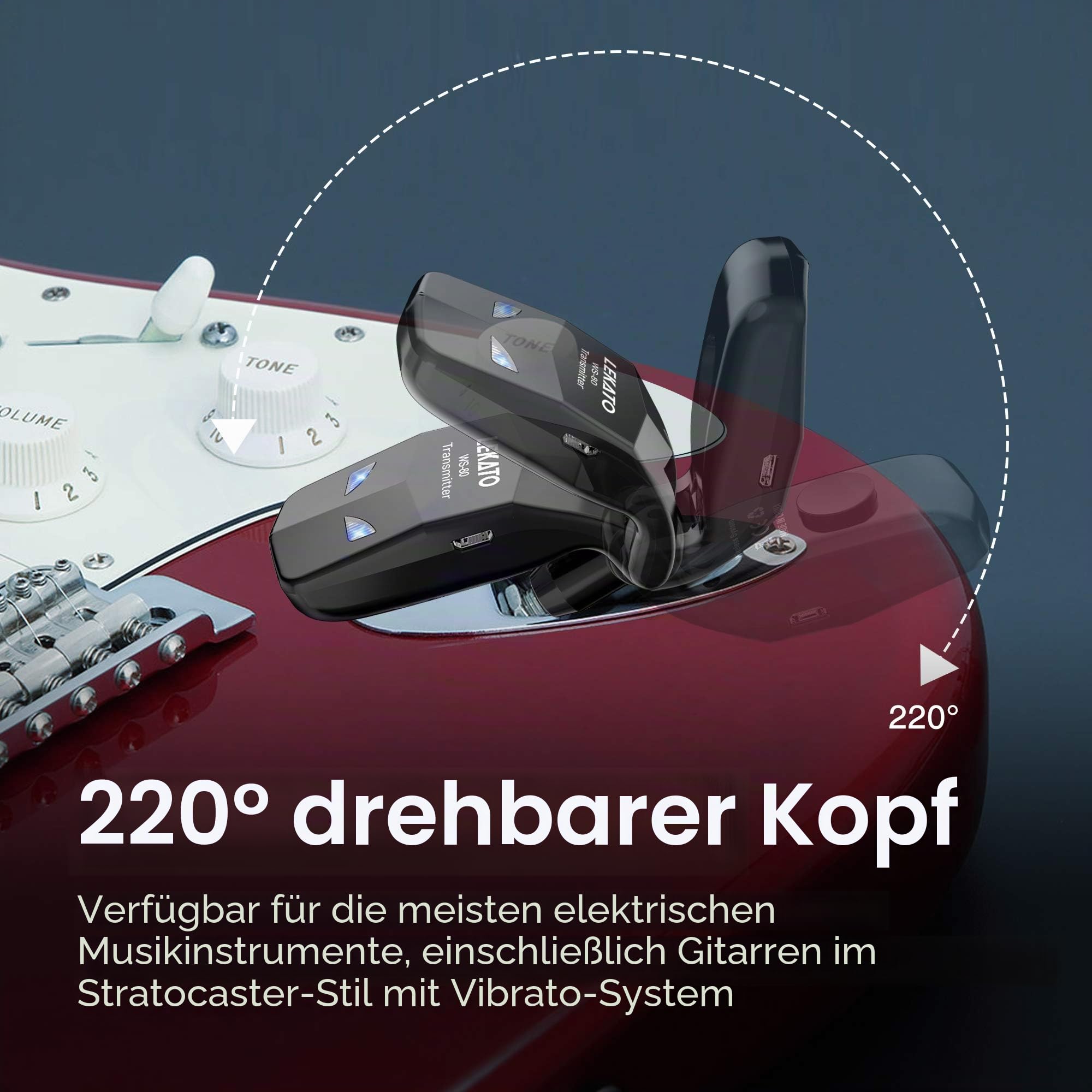 LEKATO Kabelloses Gitarrensystem,2,4 GHz kabelloser Gitarrensender-Empfänger mit 8 Stunden Laufzeit, wiederaufladbares digitales kabelloses E-Gitarrenkabel, Bass-Buchsenkabel für Gitarren bässe