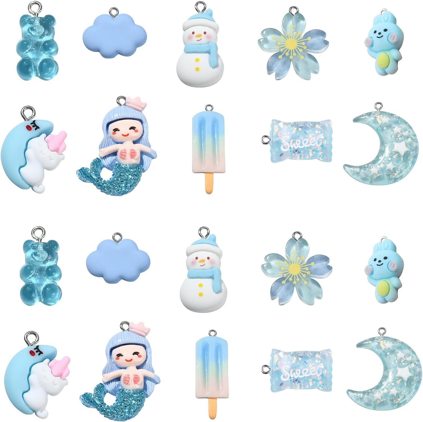 Ipotkitt 30 Pcs 10 Styles Blue Flatback Charms Mixed Shapes Blue Dangle Charms Mermaid Moon Cloud Ice Cream Charm for DIY Crafts Jewelry Making