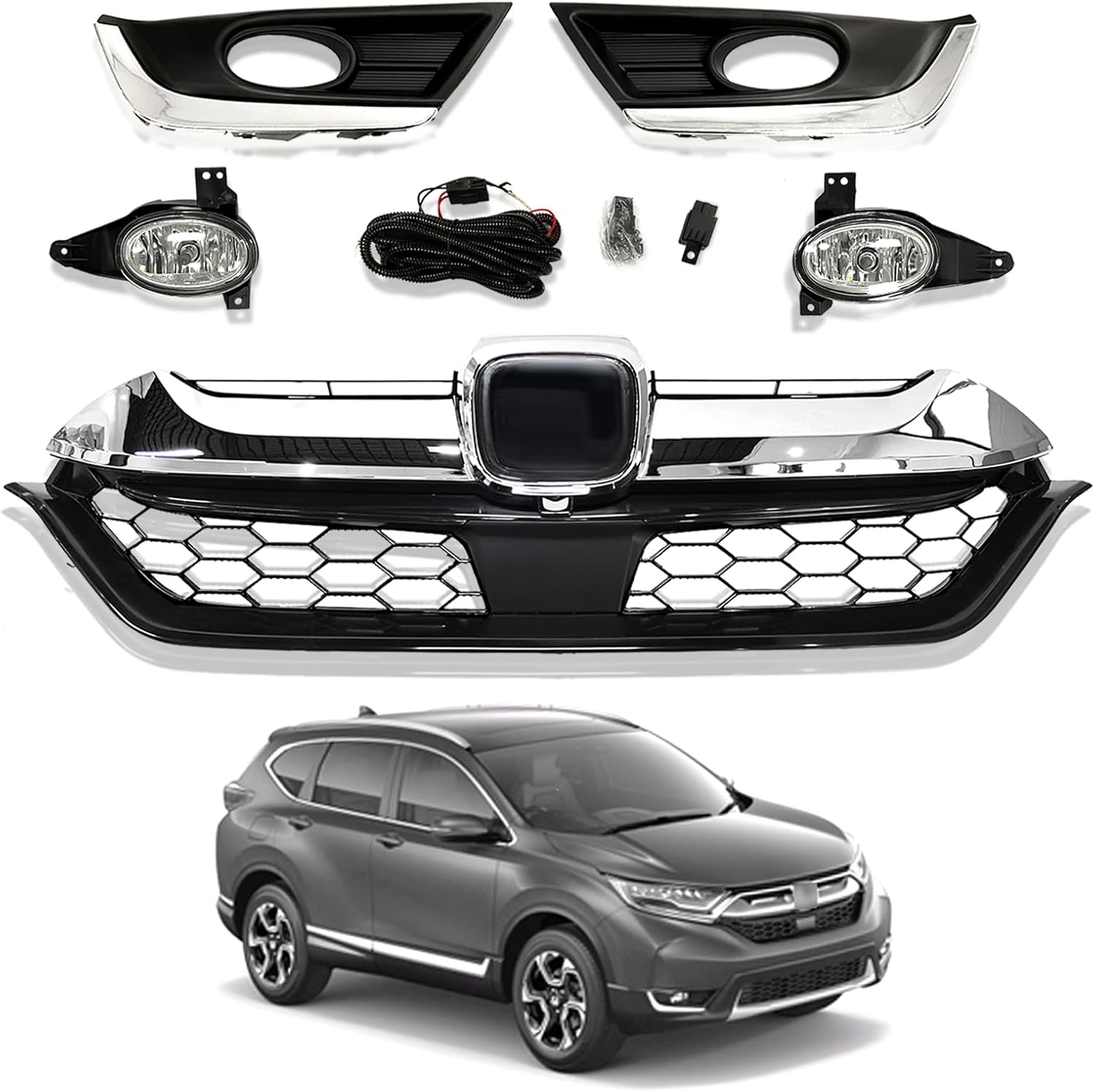 Front Bumper Upper Grille and Fog Lights Kit Fit For 2017 2018 2019 Honda CR-V CRV, Black and Chrome Trim, Direct Replacement Parts