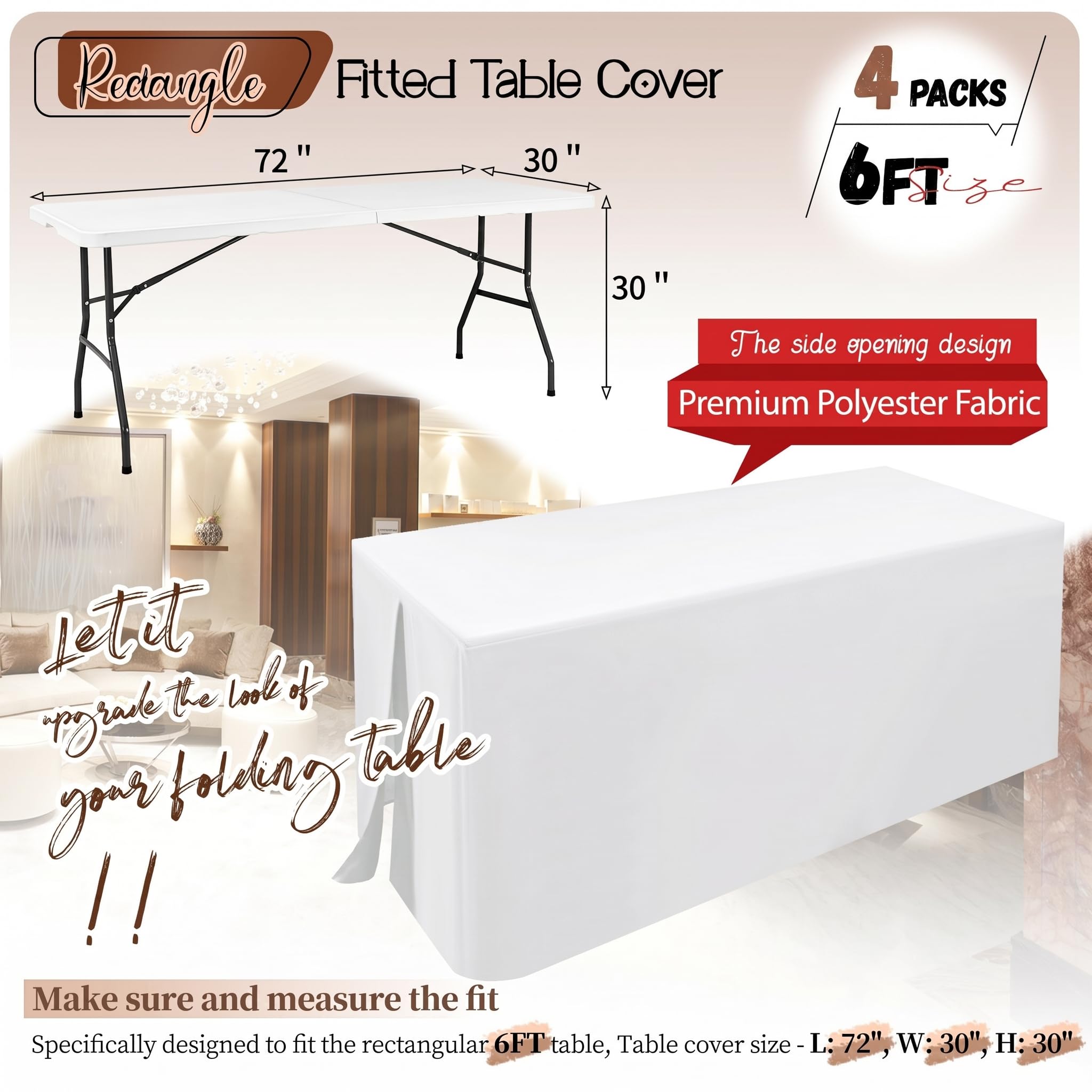 Teruntrue Mantel blanco para mesas de 6 pies, paquete de 4 manteles rectangulares para mesas plegables, mantel de 6 pies para ferias, ferias de artesanía, exposiciones, fiestas, eventos (183 x 76 cm)