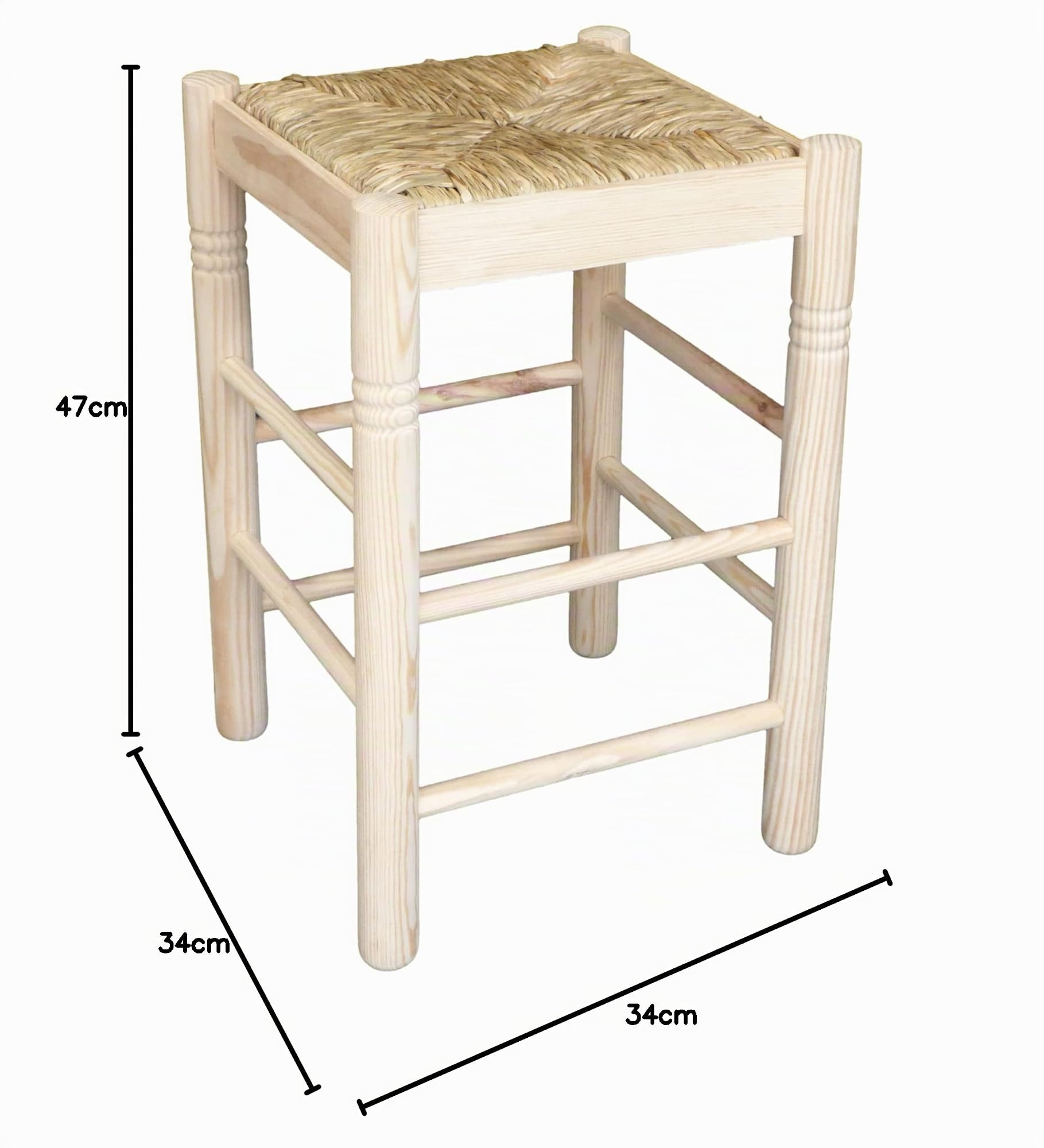 GRECA Taburetes Madera Maciza con Asiento de Enea. En Madera Natural. En Crudo. Varias Medidas. (34 * 34 * 47)