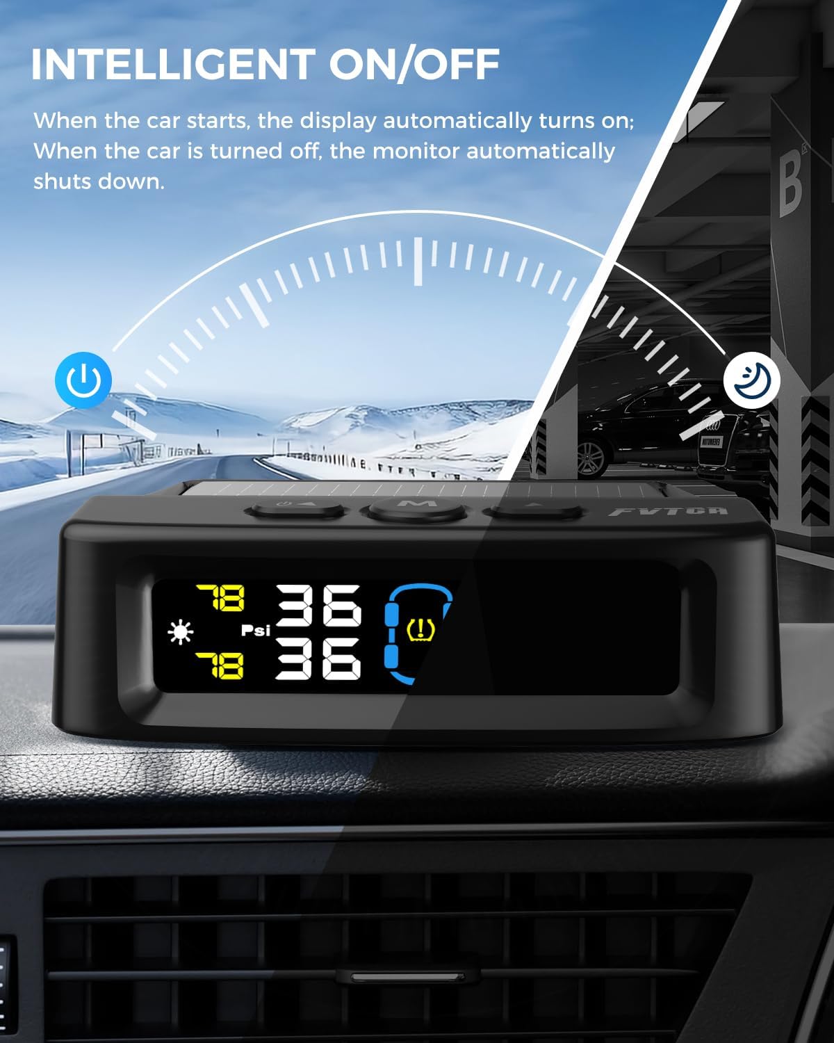 Fvtga T12 TPMS display showing automatic brightness adjustment and voice prompt feature