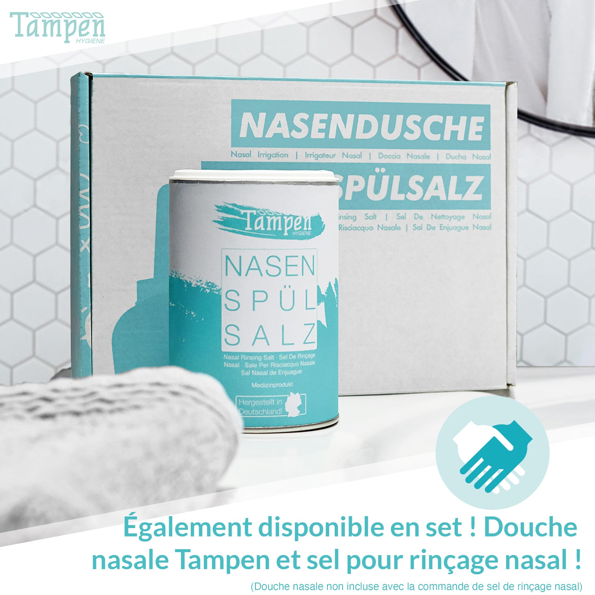 Tampen Douche nasale avec 120x Sel de rinçage nasal (300g) et 1 cuillère à mesurer · Lavage nez pour Adultes et Enfants premium