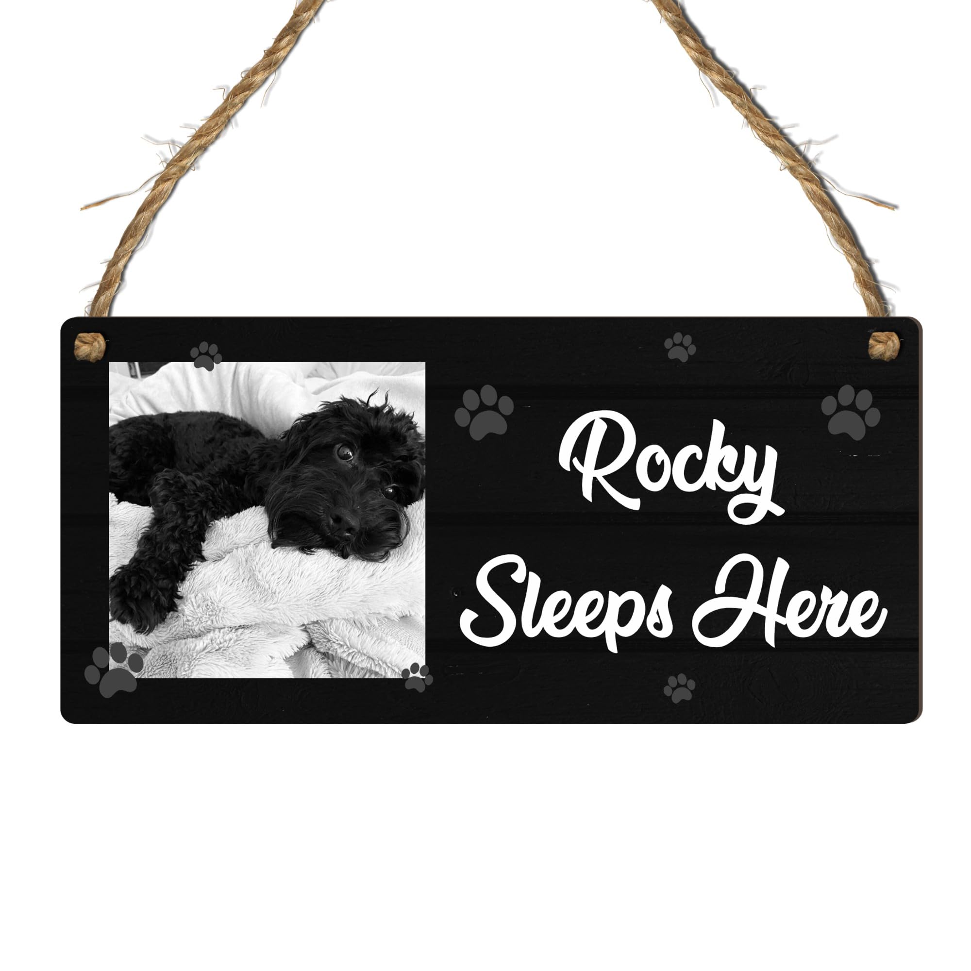 Personalised Pet Photo Plaque – "Rocky Sleeps Here" Custom Sign – Add Your Pet's Name & Photo – Choice of MDF Wood or Acrylic – Pet Lover’s Gift (Mdf Wood Indoor Use Only)