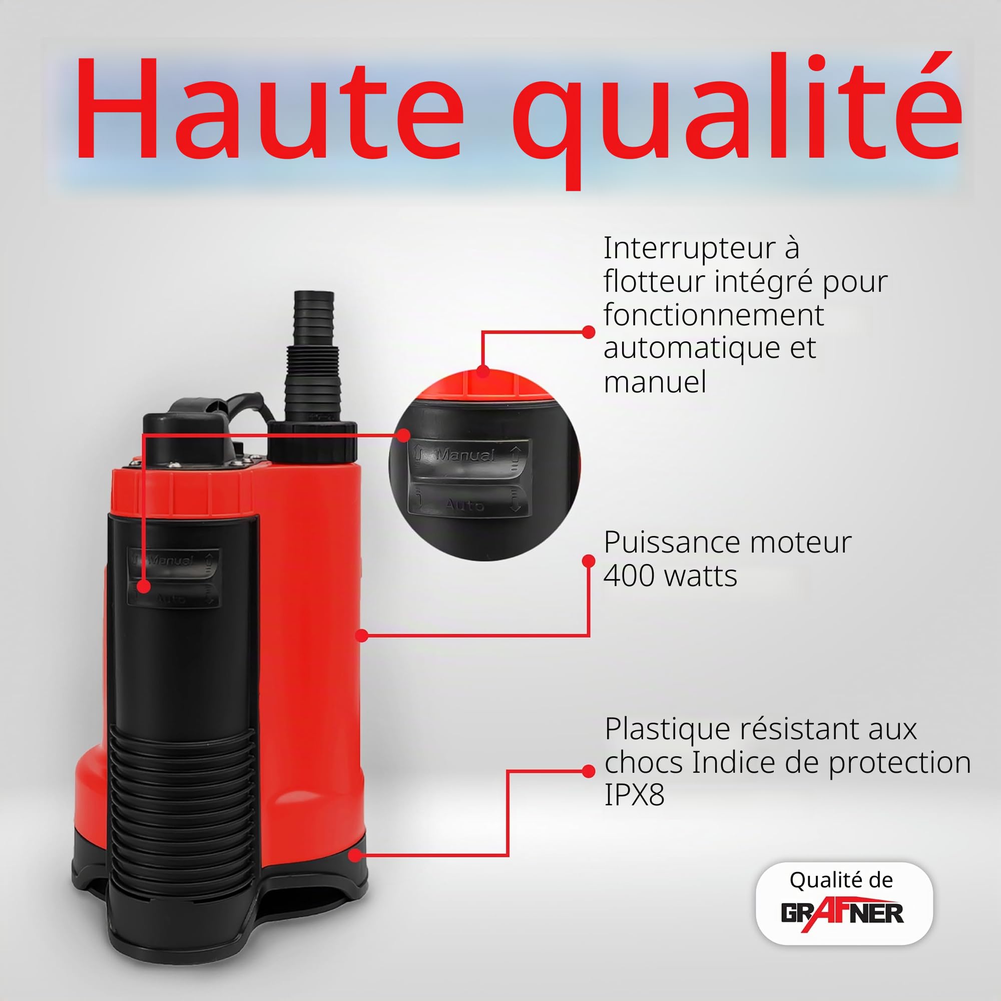 Grafner Drainage Pompe à eau sale 400 W à 7 500 l/h avec interrupteur à flotteur, aspiration plate jusqu'à 25 mm, Ø 16 mm corps étrangers, drainage, pompe submersible, tige, pompe à pression