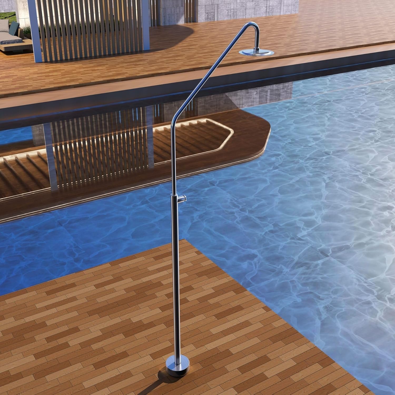 Mice - Ducha Exterior para Piscina y Jardín, 225 cm de Alto con Rociador de 25 cm diametro, Salida de Agua con Botón Temporizador 15 Segundos, Agua Fría - De Acero INOX S316 - Gatantia de 10 años