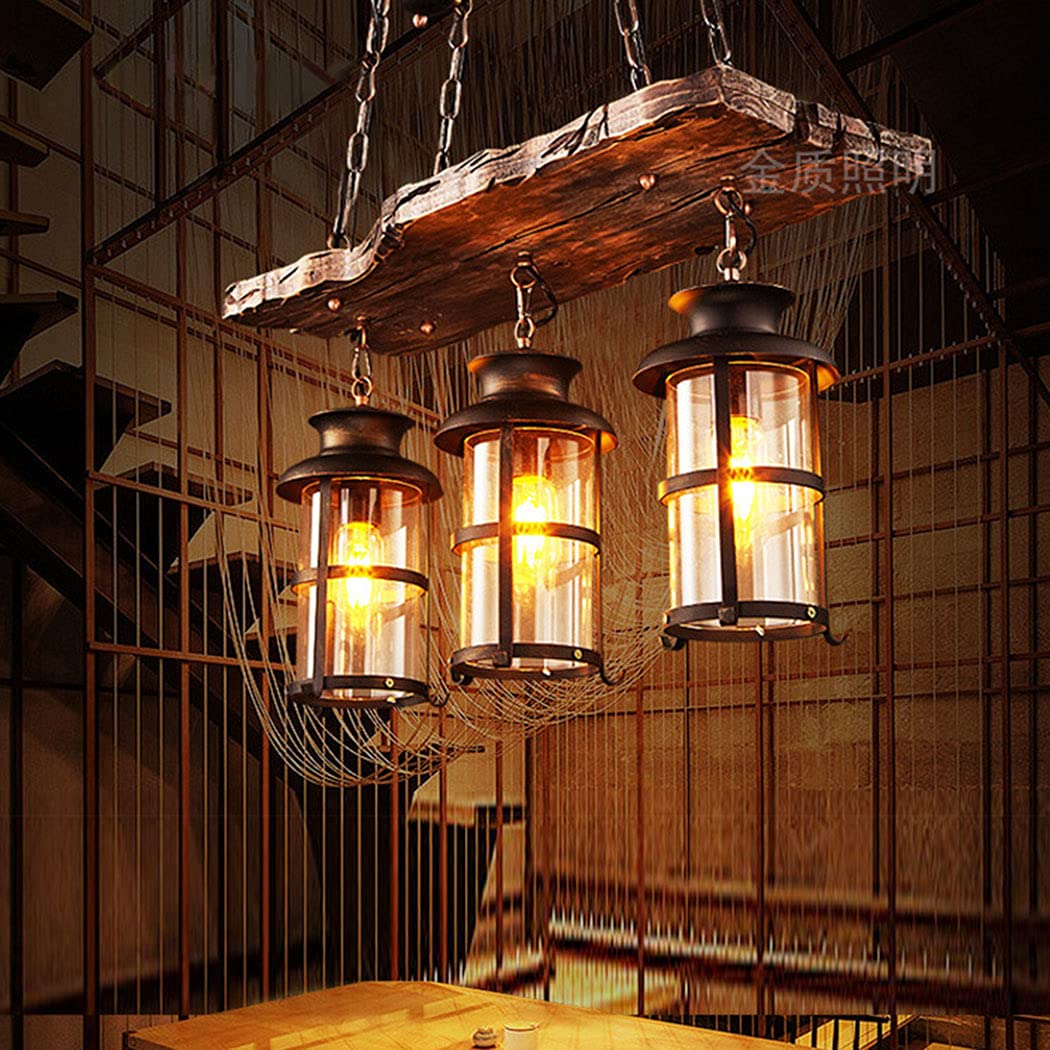 Drewniana lampa wisząca w stylu wiejskim, rustykalny drewniany przemysłowy żyrandol oświetlenie wyspy kuchennej, 2 światła, vintage czarny metalowy żyrandol wiszący, szklany klosz