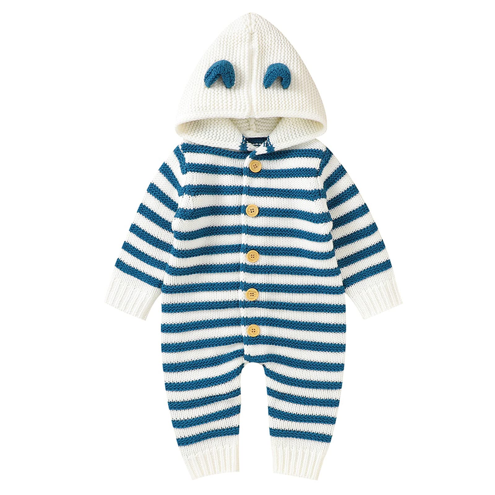 RNTOP Baby Girl Boy Sweater Romper Striped Knit Hooded Jumpsuit Infant Long Sleeve Sweaters Newborn (Blue, 3-6 Months)
