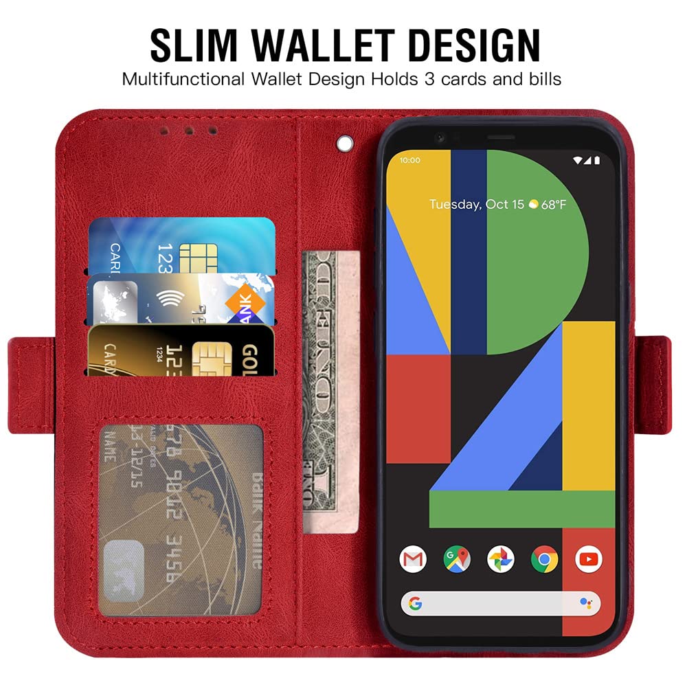 Asuwish Funda para Google Pixel 4 XL Carcasa con Cristal Protector de Pantalla Flip Case Libro con Tapa Antigolpes Resistente PU Cuero Billetera Soporte Pixel4XL 4XL Phone Case Rojo