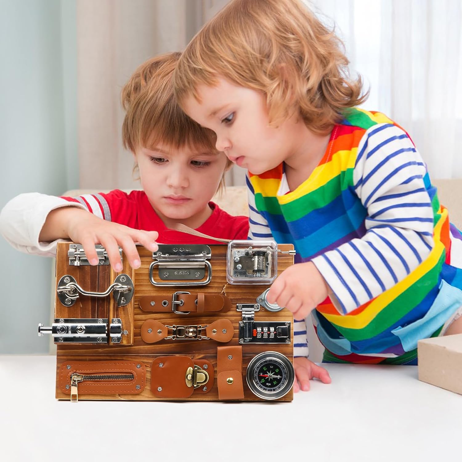 Busy Board for Toddlers, Travel Toy Fidget Board Activity Board for Fine Motor Skills, Wooden Busy Board Toys for 3 Years Old Boys & Girls with Switch, Locks, Music Box... - Image 5