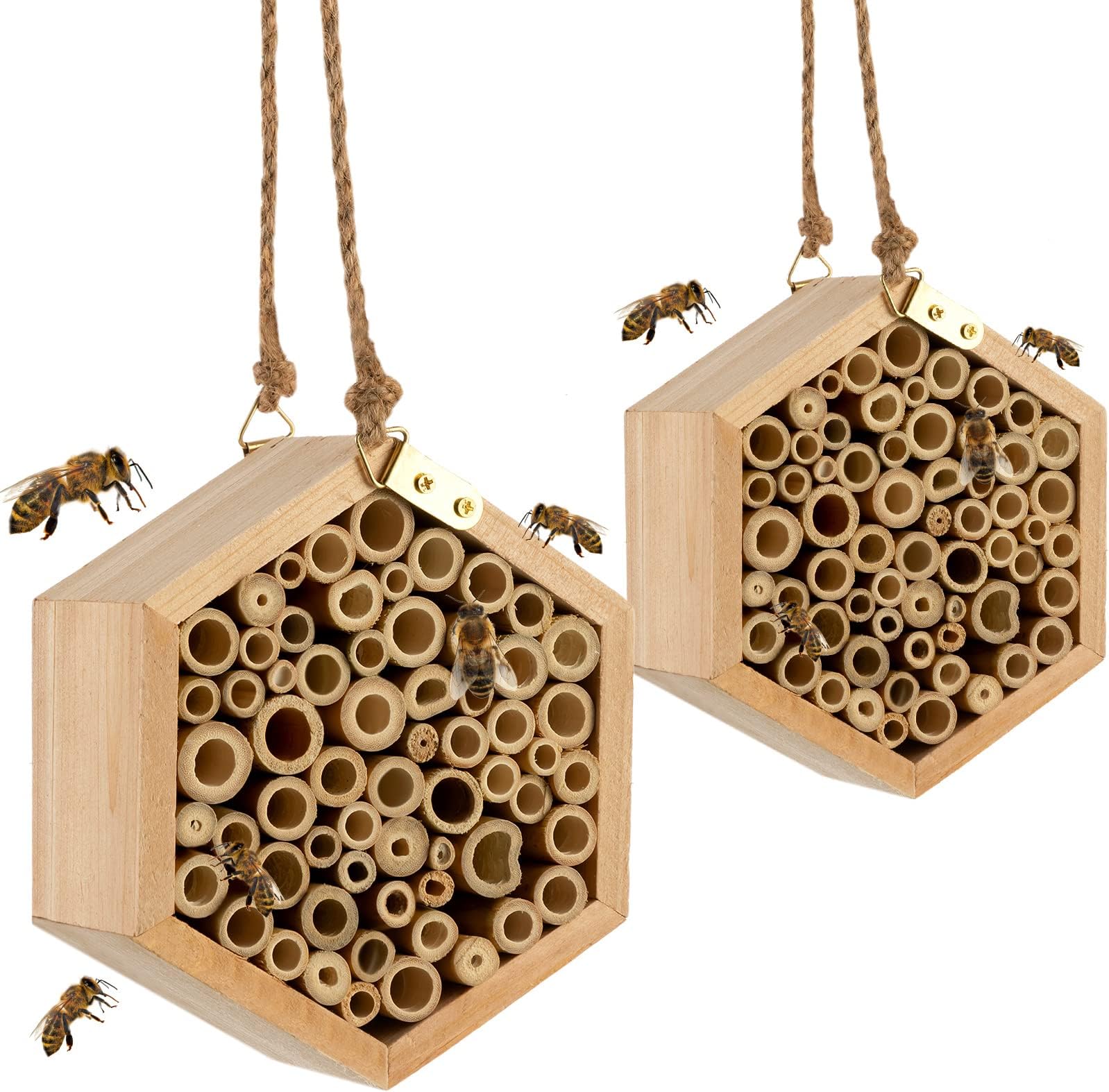 Mason Bee House Handmade Bee Hive Hexagon Bee Hives Boxes Natural Wooden Mason Bee Nest with Bamboo Tubes Garden Supplies for Garden Lovers to Attract Peaceful Bee Pollinators (2 Packs)