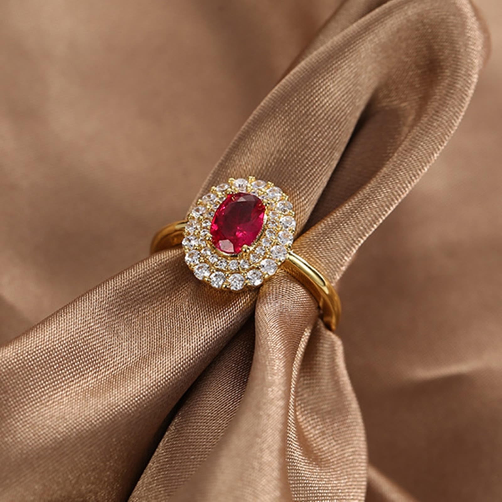 9 Karat/14 Karat/18 Karat Gelbgold Damen Ring Laborgeschaffener Rubin Rot, Damen Ring Halo