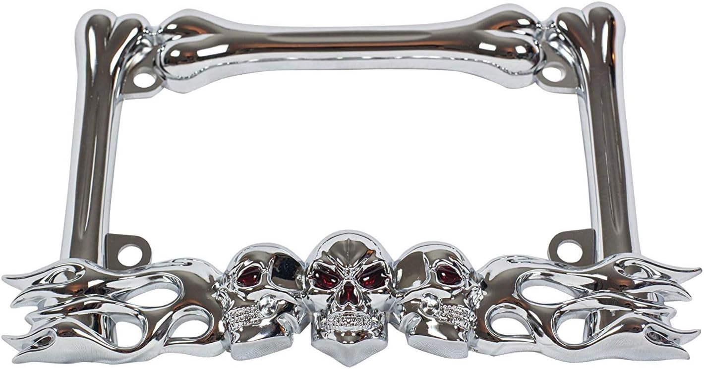 Ekimo Chrome Metal 3-D Skull Flame Bones Motorcycle License Plate Frame (for Motorcycle only)