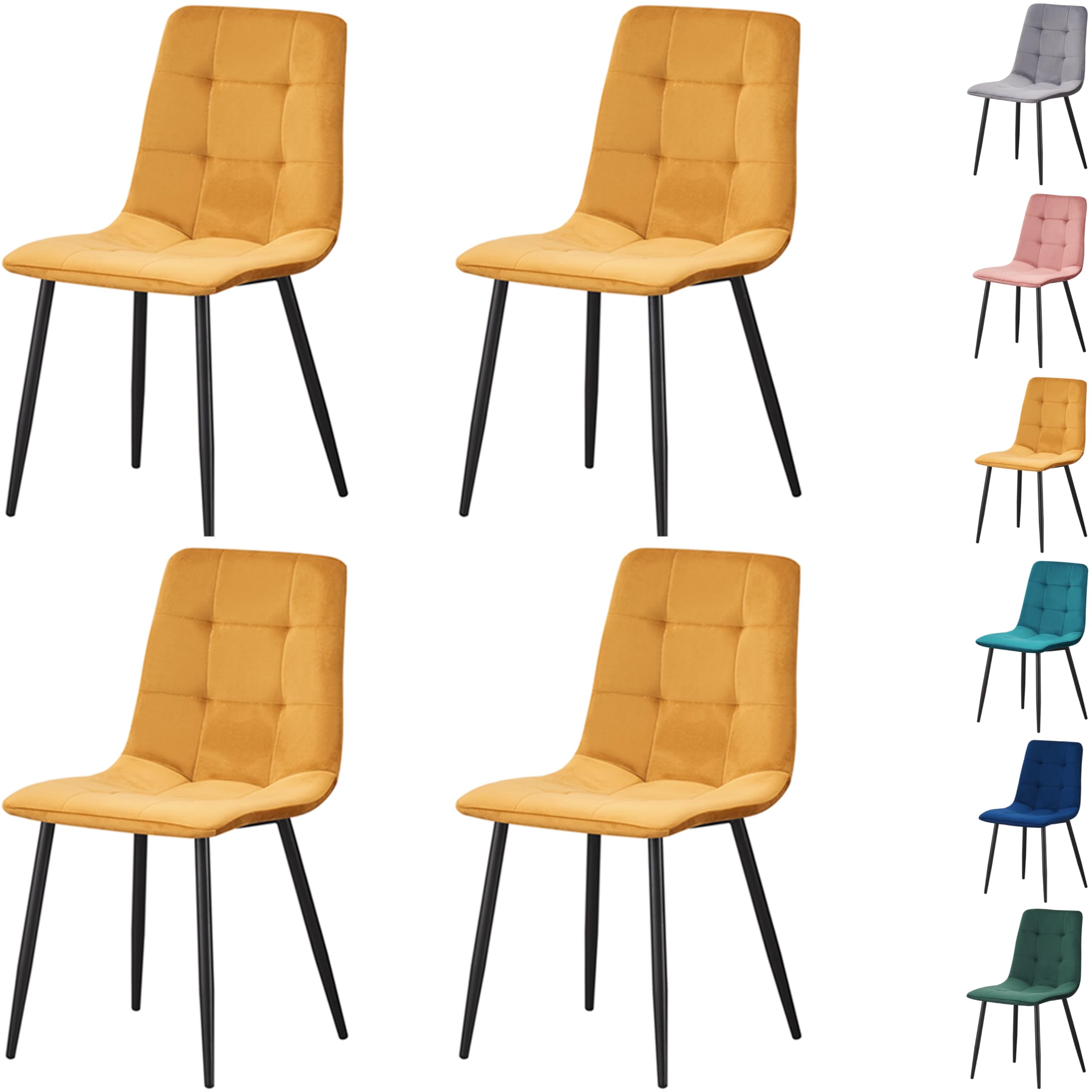 MOF Home Modern Velvet Dining Chairs, Set of 4, Velvet Tufted Upholstered Kitchen Chairs with Metal Legs, Multi-Color (CHECK PATTERN, MUSTARD YELLOW)