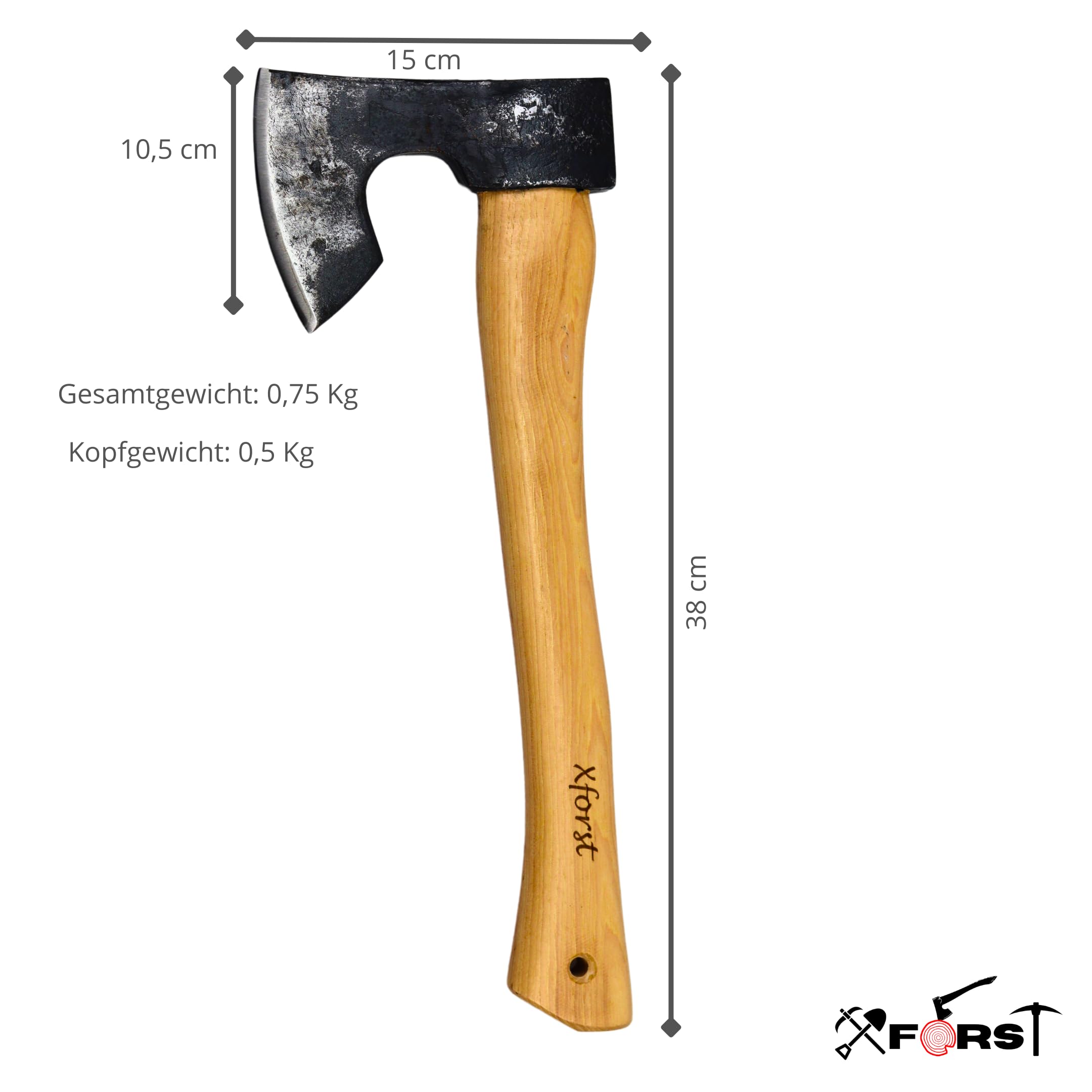 Xforst Hacha vikinga, hacha de supervivencia de acero al carbono forjado, hacha de mano con mango de madera de nogal y protector de corte de piel auténtica, 38 cm de longitud, 0,75 kg de peso, modelo