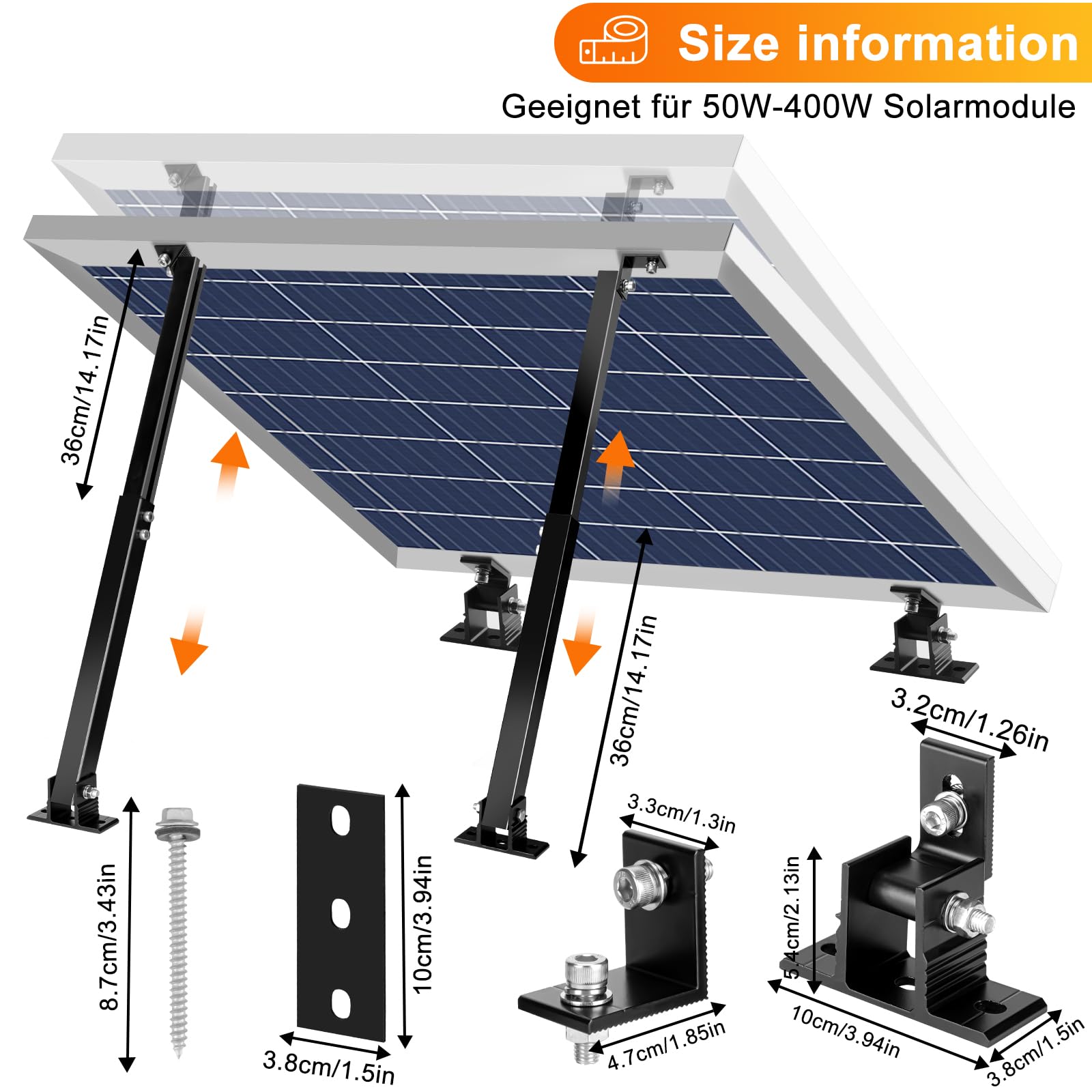 Solarmodul-Halterung, Aluminiumlegierung, verstellbare Solarmodul-Halterungen, schwarze Backfarbe, Korrosionsschutz, Solarmodul-Ständer, geeignet für 50 W, 70 W, 100 W, 150 W, 200 W, 300 W,