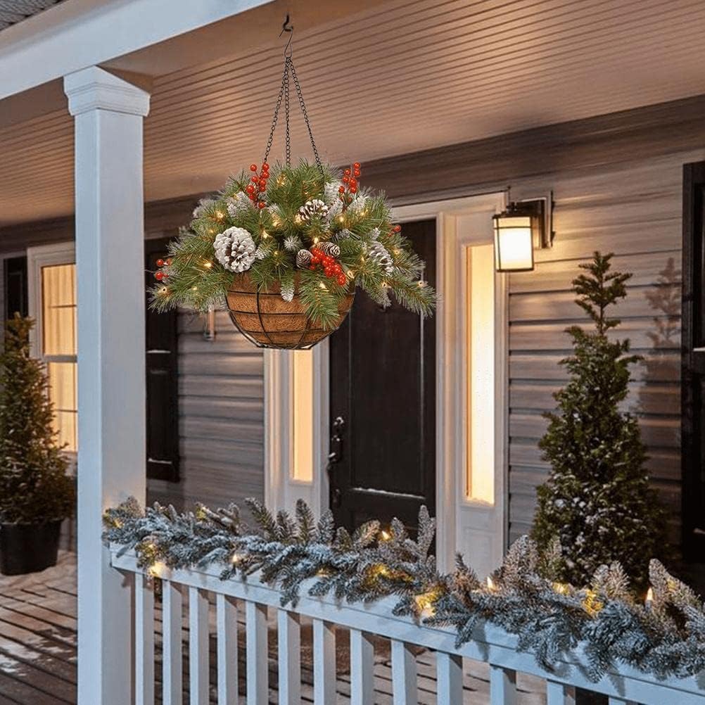 Pre-Lit Artificial Christmas Hanging Basket with LED String Lights, Frosted Pine Cones, Red Berry Clusters for Porch or Front Door (2pcs)