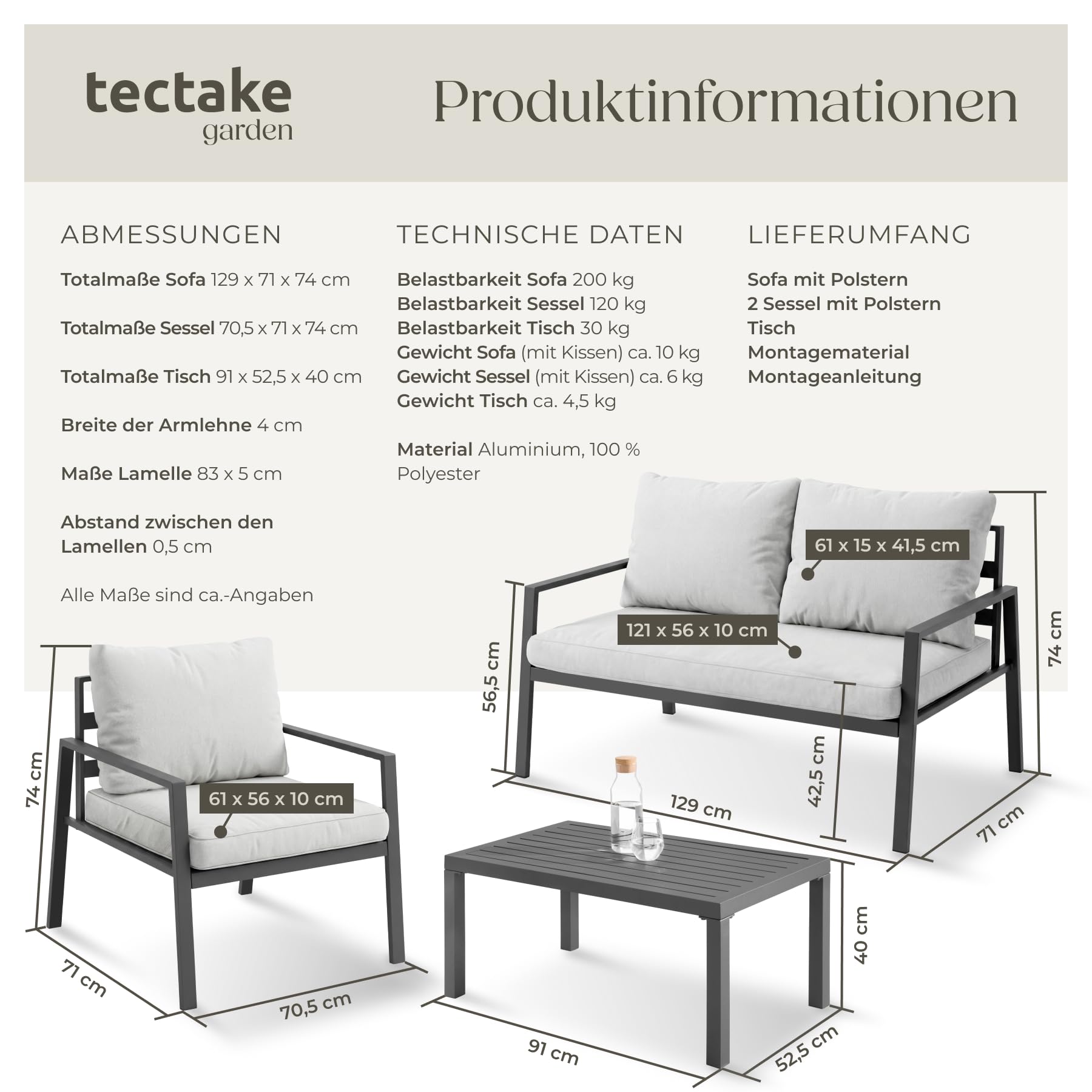 tectake® Aluminium Lounge, Set mit 2 Sessel 1 Sofa 1 Beistelltisch Outdoor, Gartenmöbel mit Kissen, Loungemöbel Set für Balkon, Garten, Wintergarten, Terrassenmöbel - hellgrau