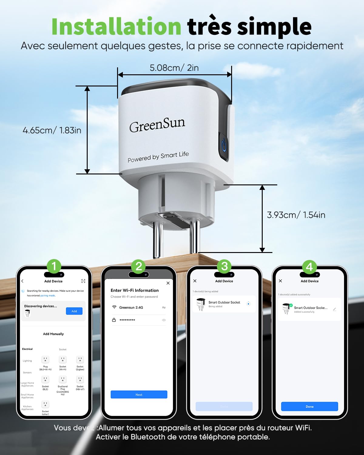GreenSun Prise Connectée WiFi 16A 3680W, Compatible Alexa | Suivi consommation, minuterie, Smart Life, 2.4 GHz, 230V, 4 pièces, Noir/Blanc, sécurité CE RoHS