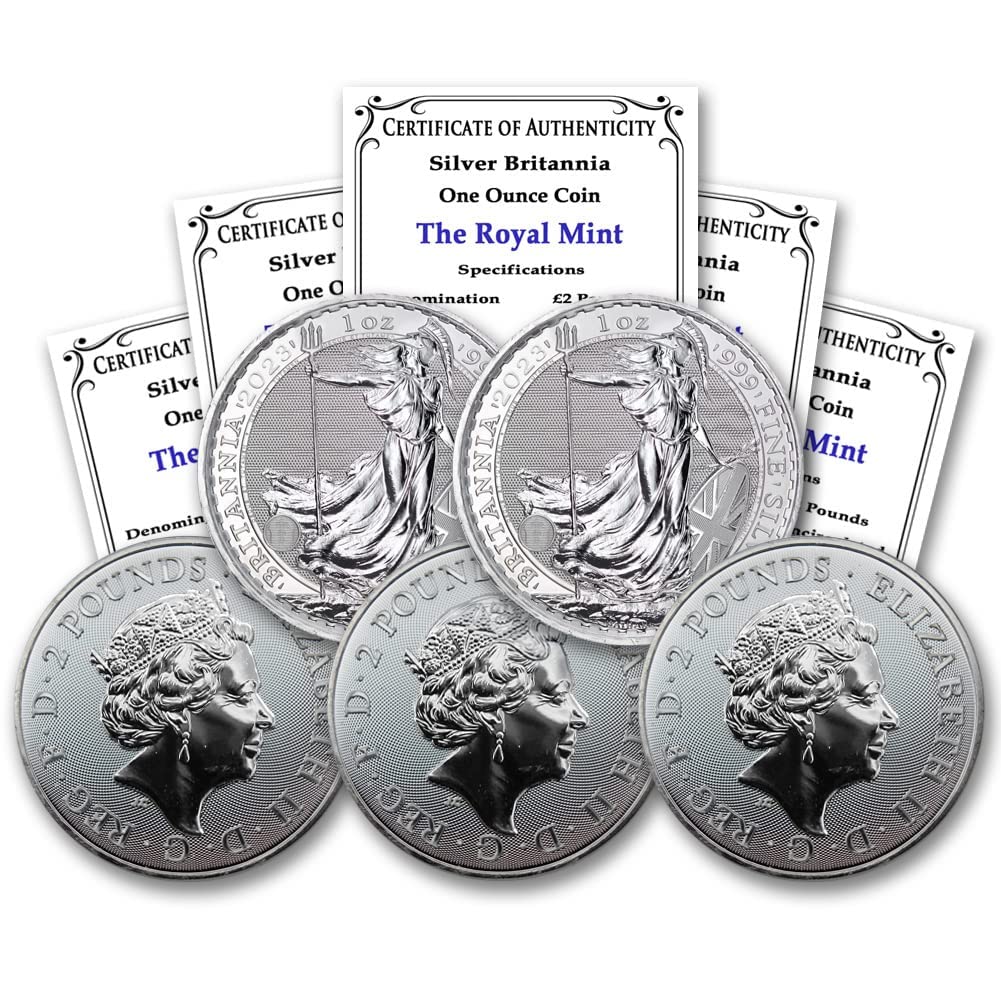 2023 - Lot of (5) 1 oz British Silver Britannia Coins by the Royal Mint Brilliant Uncriculated with Certificates of Authenticity £2 Seller BU