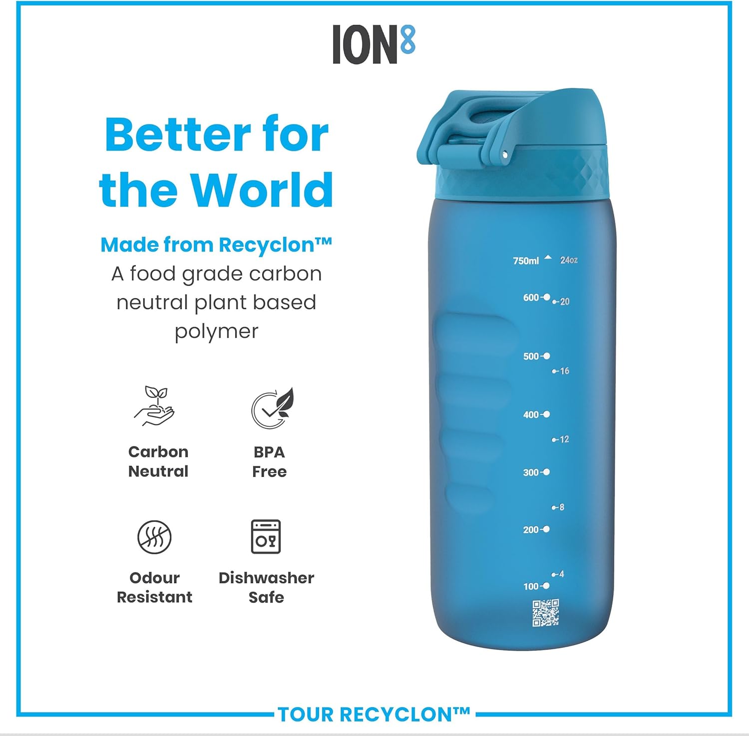 Ion8 Water Bottle, 750 ml/24 oz, Leak Proof, Easy to Open, Secure Lock, Dishwasher Safe, BPA Free, Flip Cover, Carry Handle, Soft Touch Contoured Grip, Easy Clean, Odor Free, Carbon Neutral, Blue - Image 5