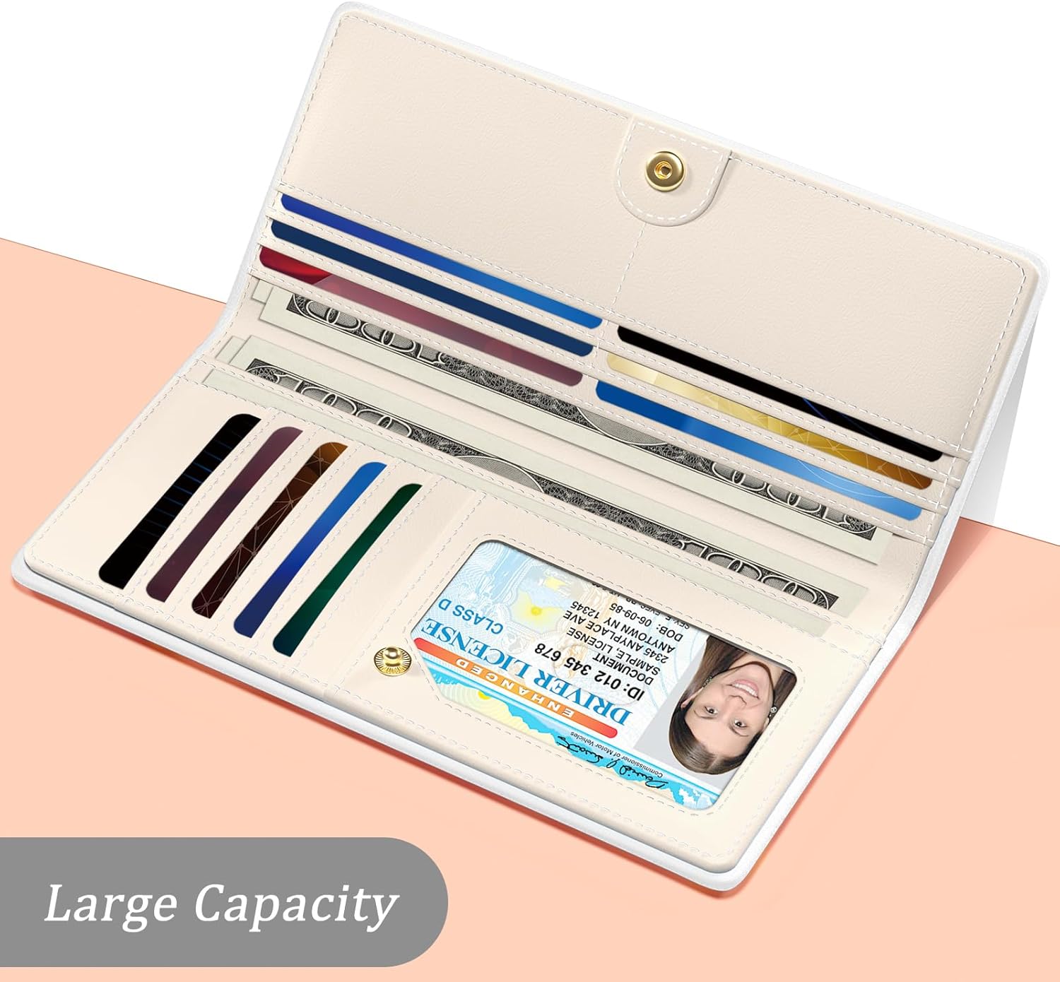 Wallet Women, Cute Credit Card Holder for Women, Slim Thin Leather Bifold Ladies Purse, Clutch Billfold Card Holder Wallets with 11 Card Slots, Ivory White
