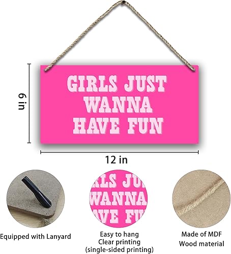 Miniatura 6 de Letrero de madera impreso con texto en inglés Hot Pink Preppy Girls Just Wanna Have Fun para colgar en la pared, decoración de pared para habitación
