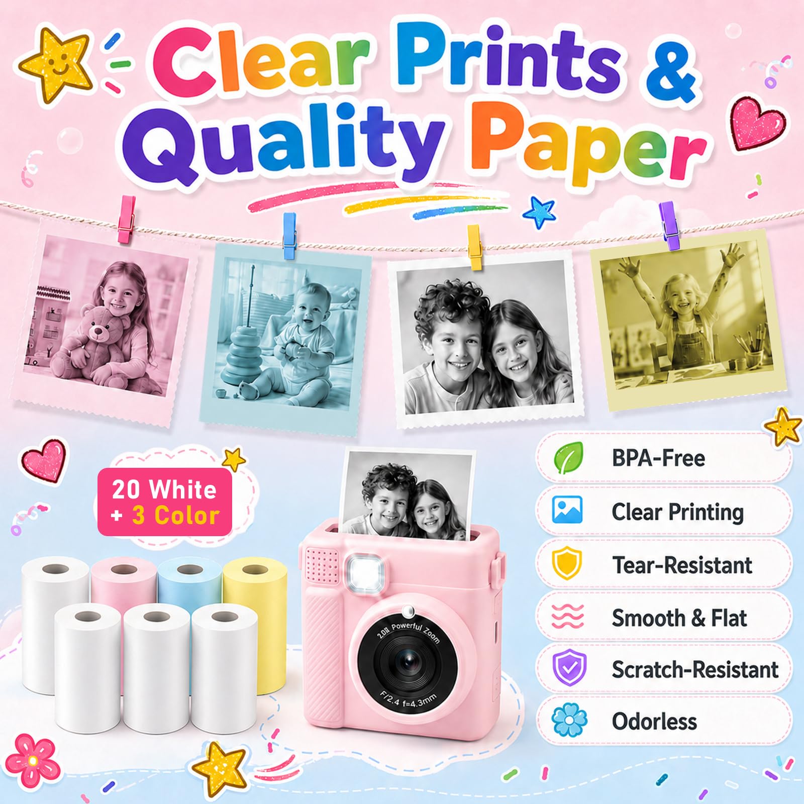 23 Rollos Papel Térmico para Cámara Infantil, 20 Blancos + 3 Colores (Rosa, Azul, Amarillo), Rollo Papel Cámara Fotos Infantil Instantánea, Fácil de Recargar, 5.7 x 2.5 cm