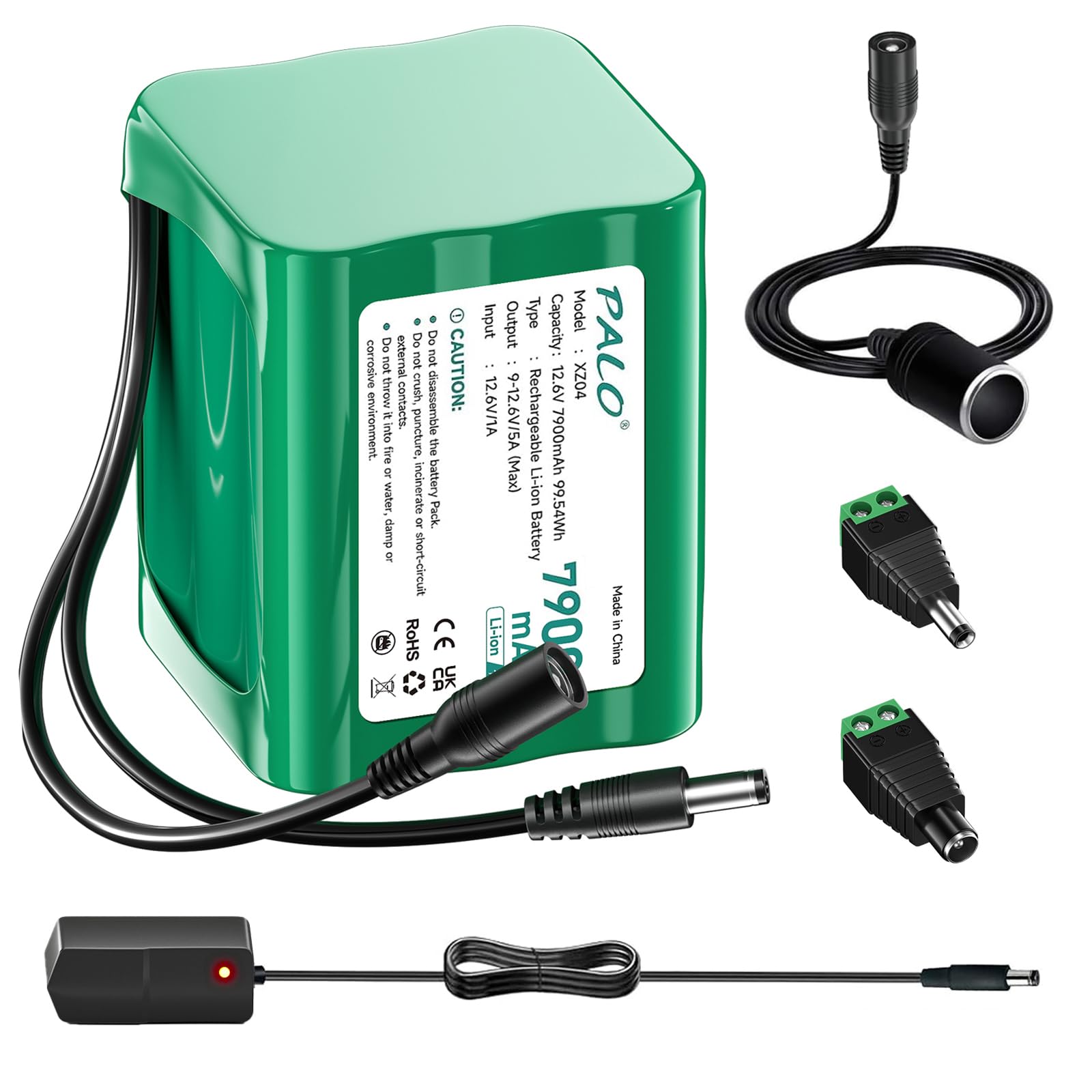 Batería de 12,6 V 7900 mAh DC para Dispositivos de 12 V, Cable de conexión, Adaptador de Corriente y Adaptador de Corriente para Tiras LED, Reproductores MP3, Router, Bricolaje, DVD