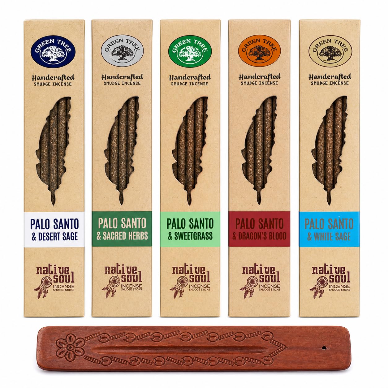 Green Tree Palo Santo Smudge Incense Sticks, 5 Scents, 40 Sticks with Wooden Ash Catcher, for Meditation & Energy Cleansing