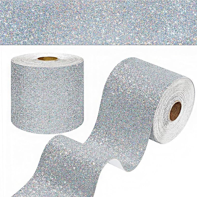 ONE2ONE ENTERPRISES Silver Glitter Wallpaper Border Silver Glitter Wallpaper Stick and Peel Self Adhesive Removable Sparkle Wall Border Silver Contact Paper for Girls Bedroom Dressers 6x240 Inch