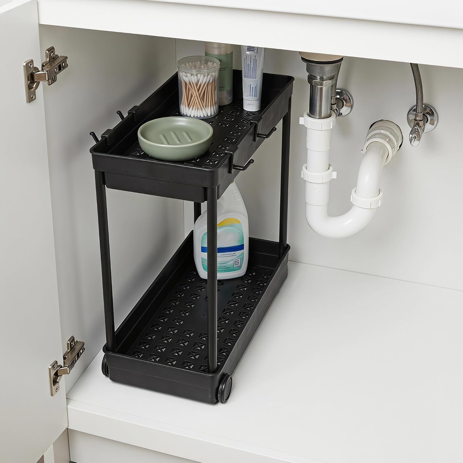 Toddmomy Under the Sink Organizer - 2-Tier Wheeled Shelf with Hooks for Narrow Spaces - Under Cabinet Storage Rack for Apartment Or Home (Black)