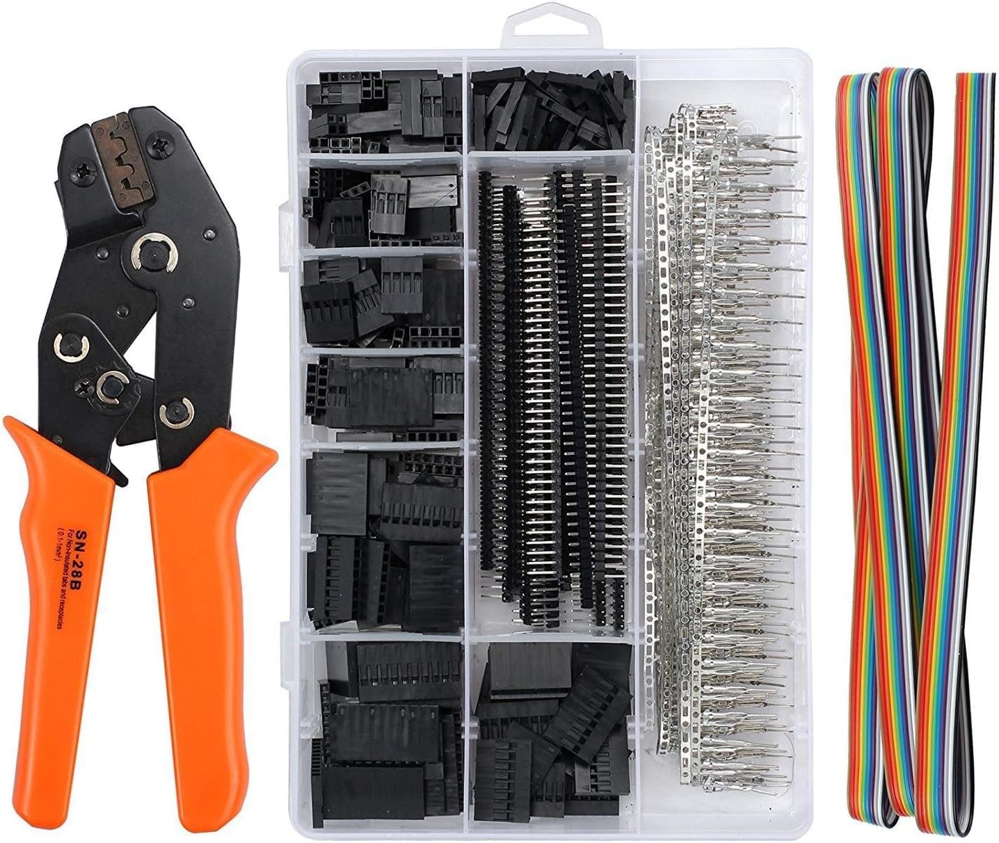 Crimping Pliers Dupont Connector Set SN-28B Ratchet Crimper with 1550 Pieces Connector Male/Female Connector 0.1-1.0 mm² Crimping Tool for 2.54/3.96 mm Connector 28-18AWG