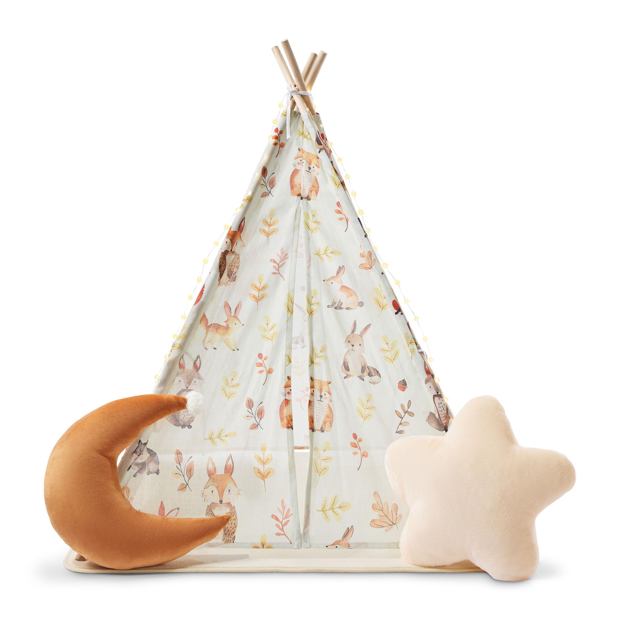 Mamabrum Tente Enfant Intérieur Forêt avec Tapis Rembourré, Coussins Décoratifs et Guirlande LED, Cabane de Jeu Chambre dès 3 Ans