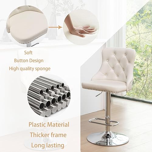 Miniatura 4 de Juego de 2 taburetes de bar de terciopelo, taburetes de bar con altura de mostrador con ribete de cabezas de clavos, anillo de tracción, taburetes